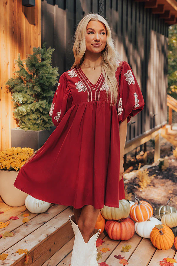 Tucson Sunsets Embroidered Mini Dress in Dark Scarlet