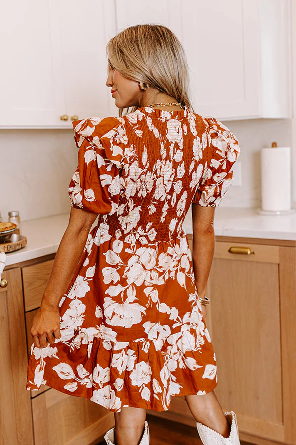 Joyful Smiles Smocked Mini Dress in Cinnamon