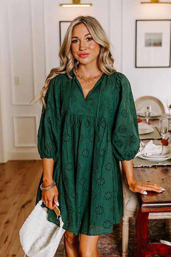 Totally Chic Eyelet Mini Dress in Hunter Green