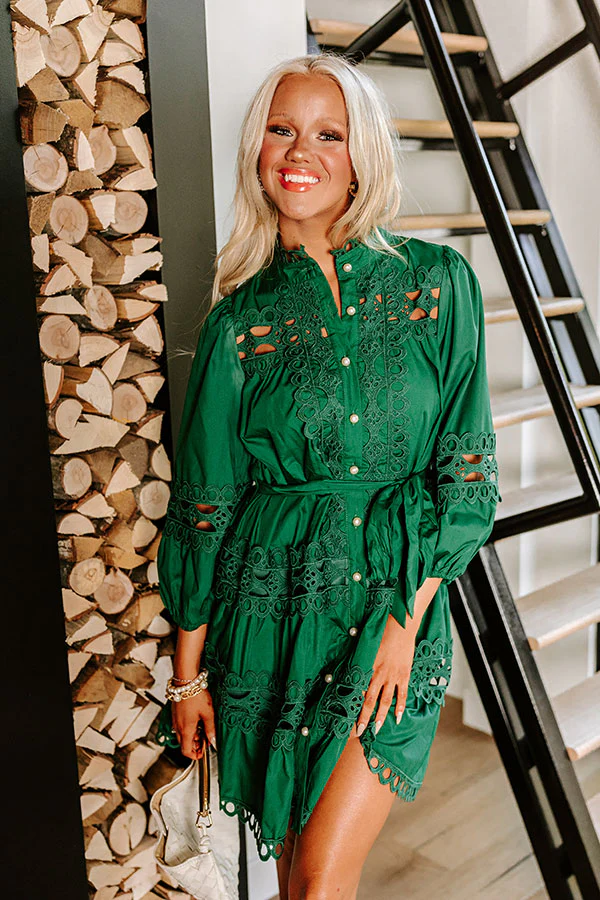 Candlelight Dinner Crochet Mini Dress in Hunter Green