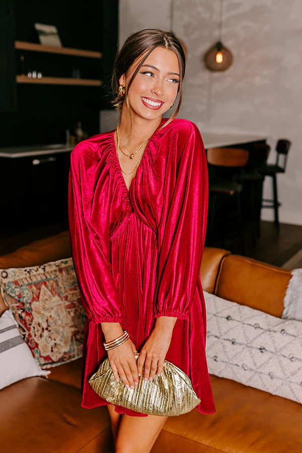 Uptown Elegance Velvet Mini Dress in Red