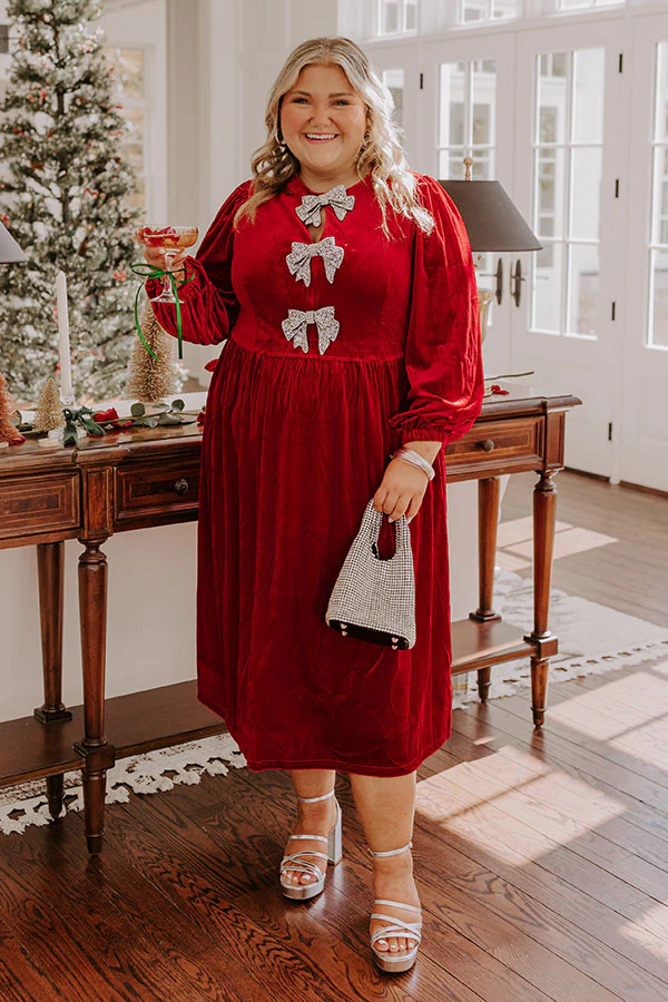 For The Love Of Bows Velvet Midi in Crimson Curves