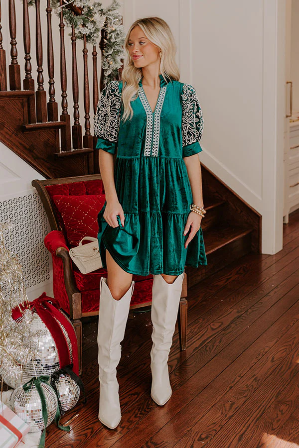 Charmed Moments Velvet Mini Dress in Hunter Green