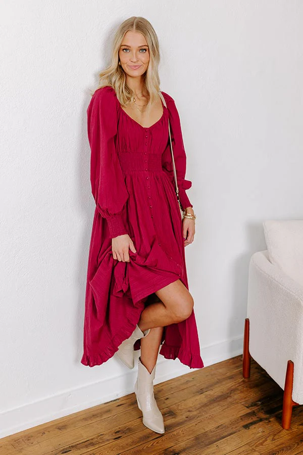 Sunset Views Button Down Midi in Wine