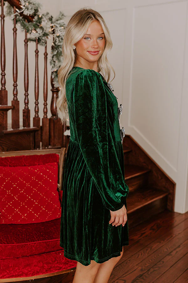 Bows And Kisses Velvet Mini Dress in Hunter Green