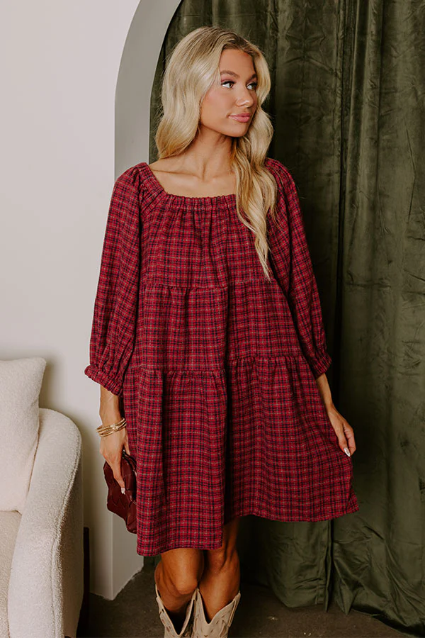 Pumpkin Spice Cutie Plaid Mini Dress in Wine