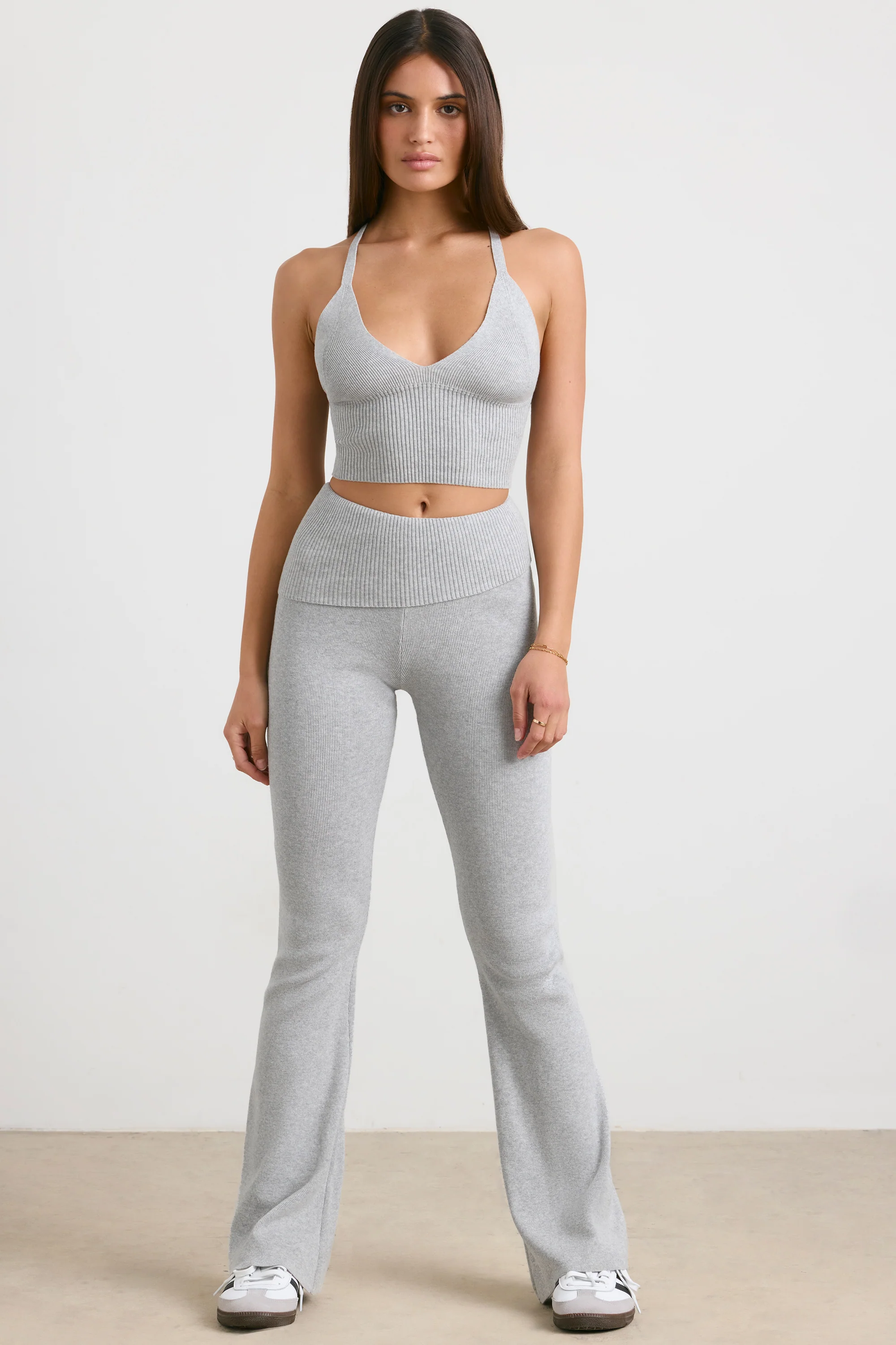 Muse - Chunky Knit Kick Flare Trousers in Heather Grey