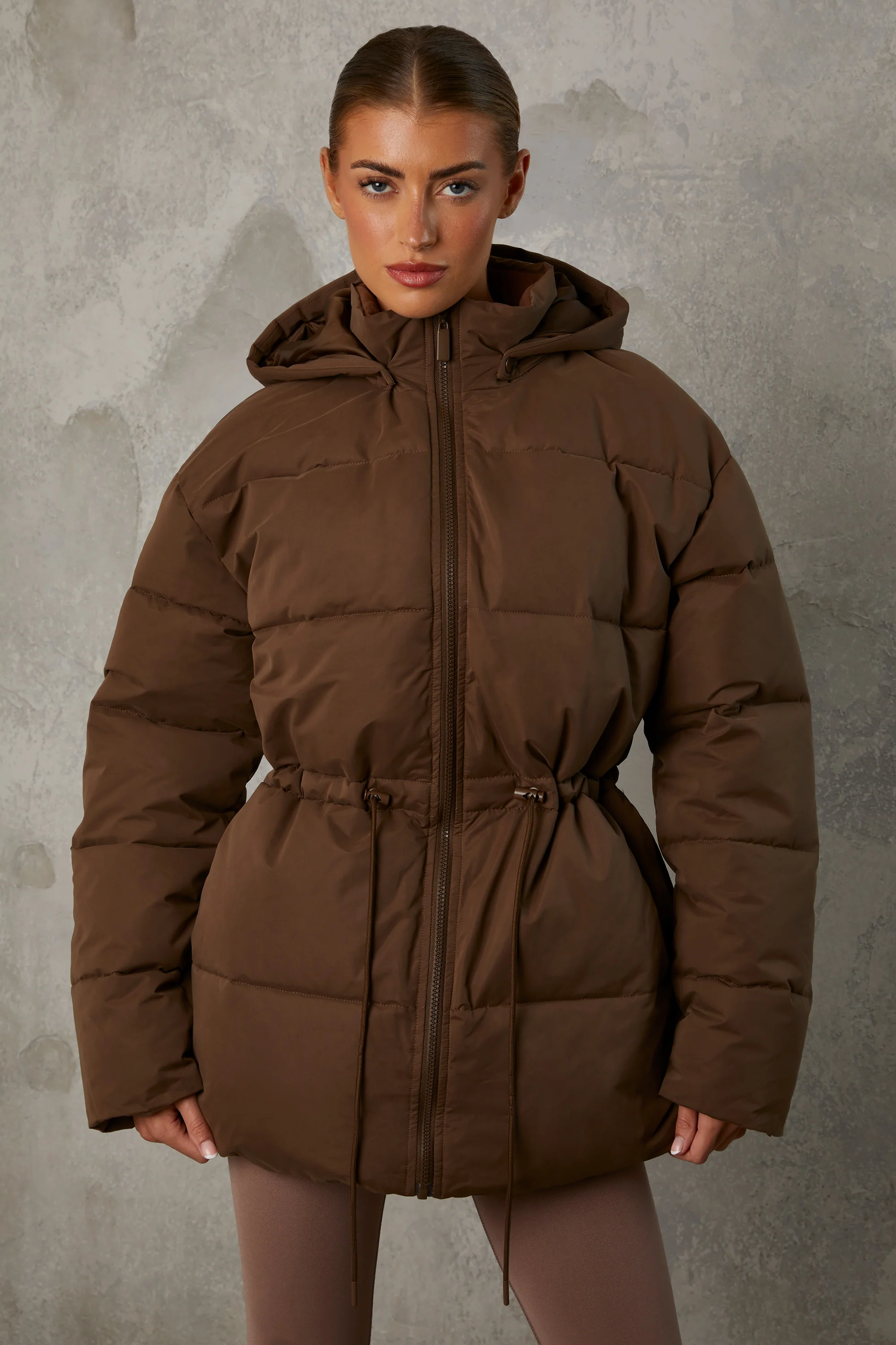 Snug - Mid Length Hooded Puffer Coat in Cocoa Brown