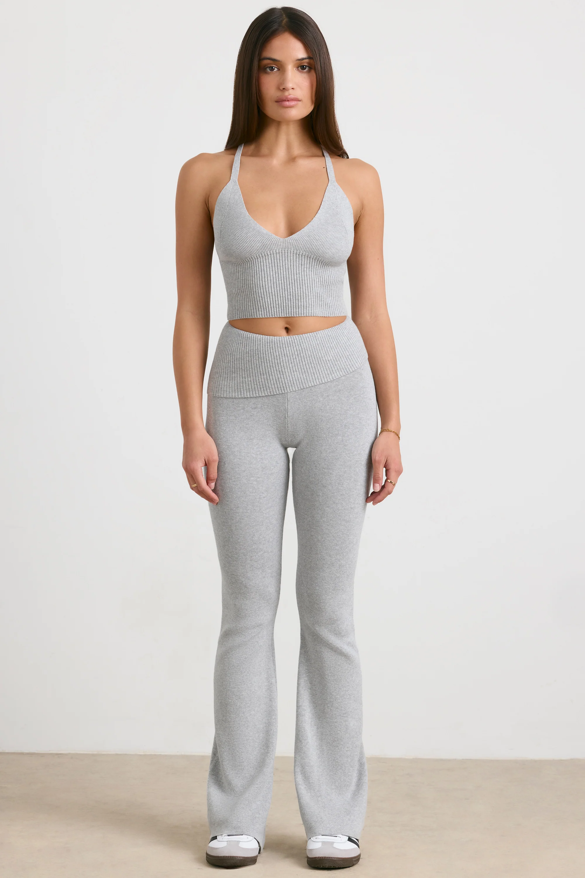 Muse - Chunky Knit Kick Flare Trousers in Heather Grey