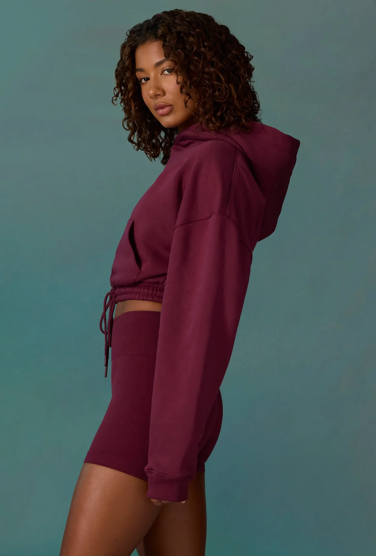 Progress - Cropped Drawstring Hooded Sweatshirt in Plum