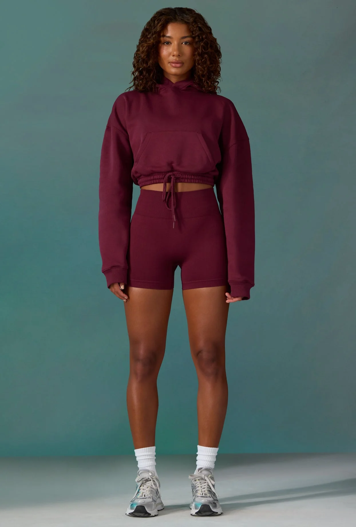 Progress - Cropped Drawstring Hooded Sweatshirt in Plum