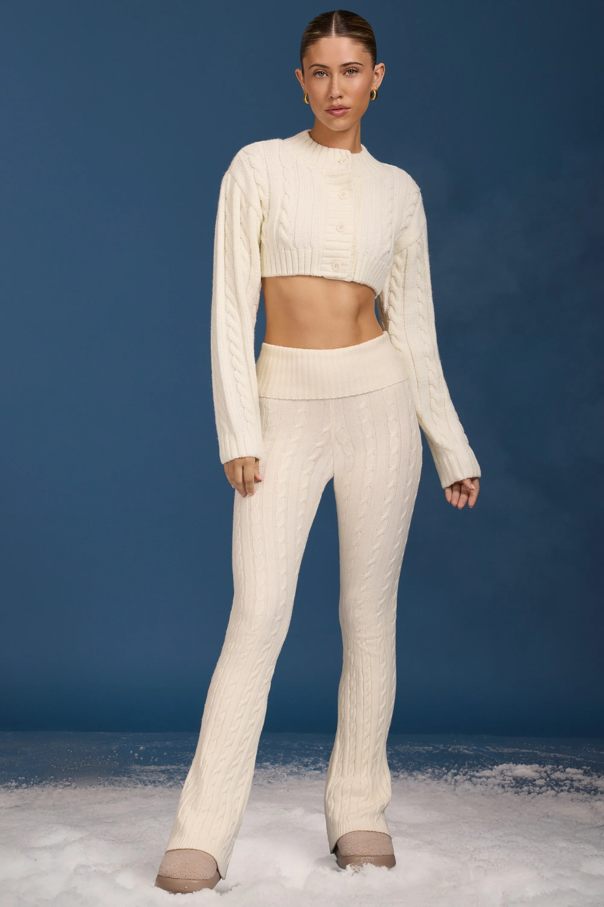 Petite Cable-Knit Flared Trousers  in Cream