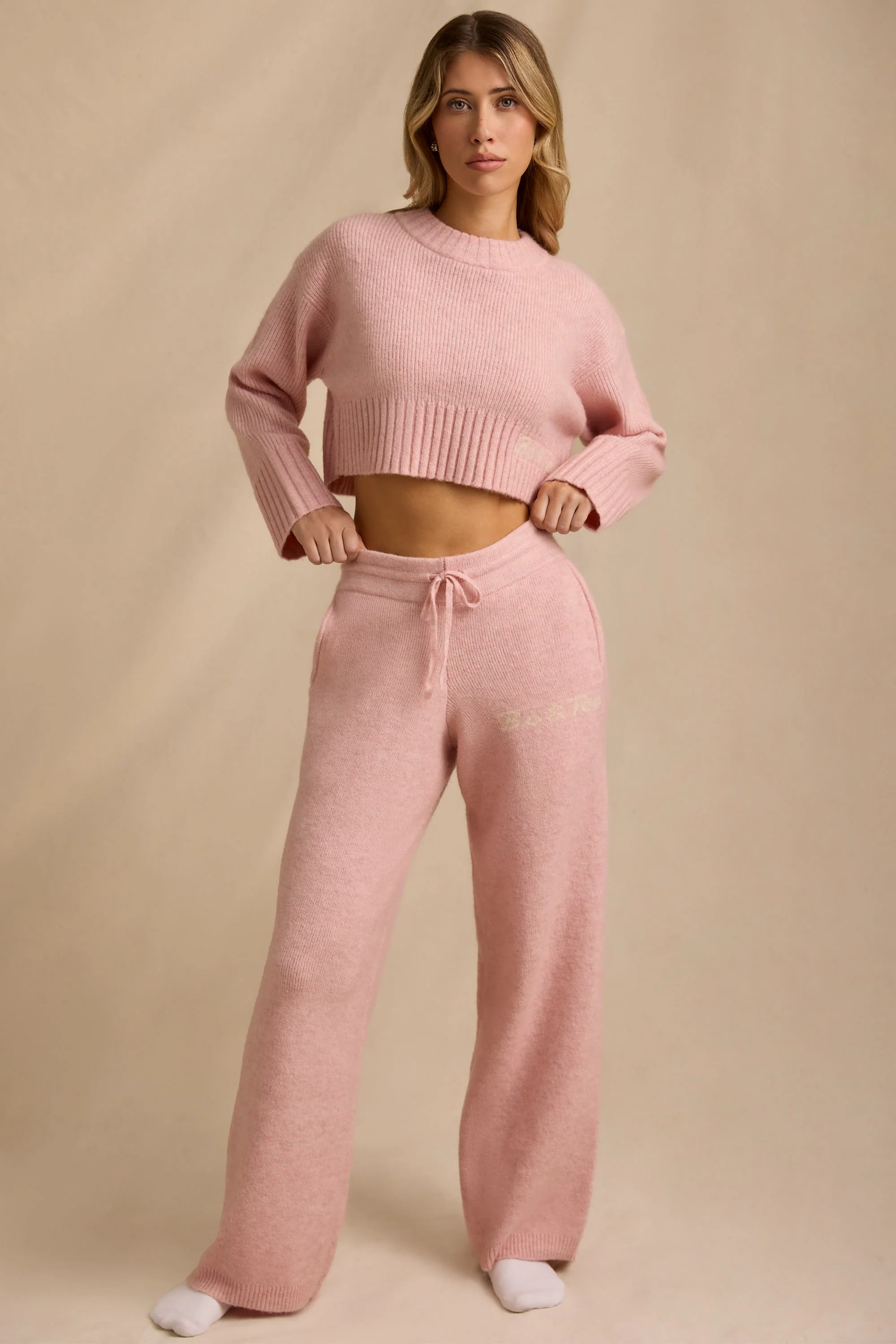 Petite Mid-Rise Wide-Leg Joggers in Blush Pink