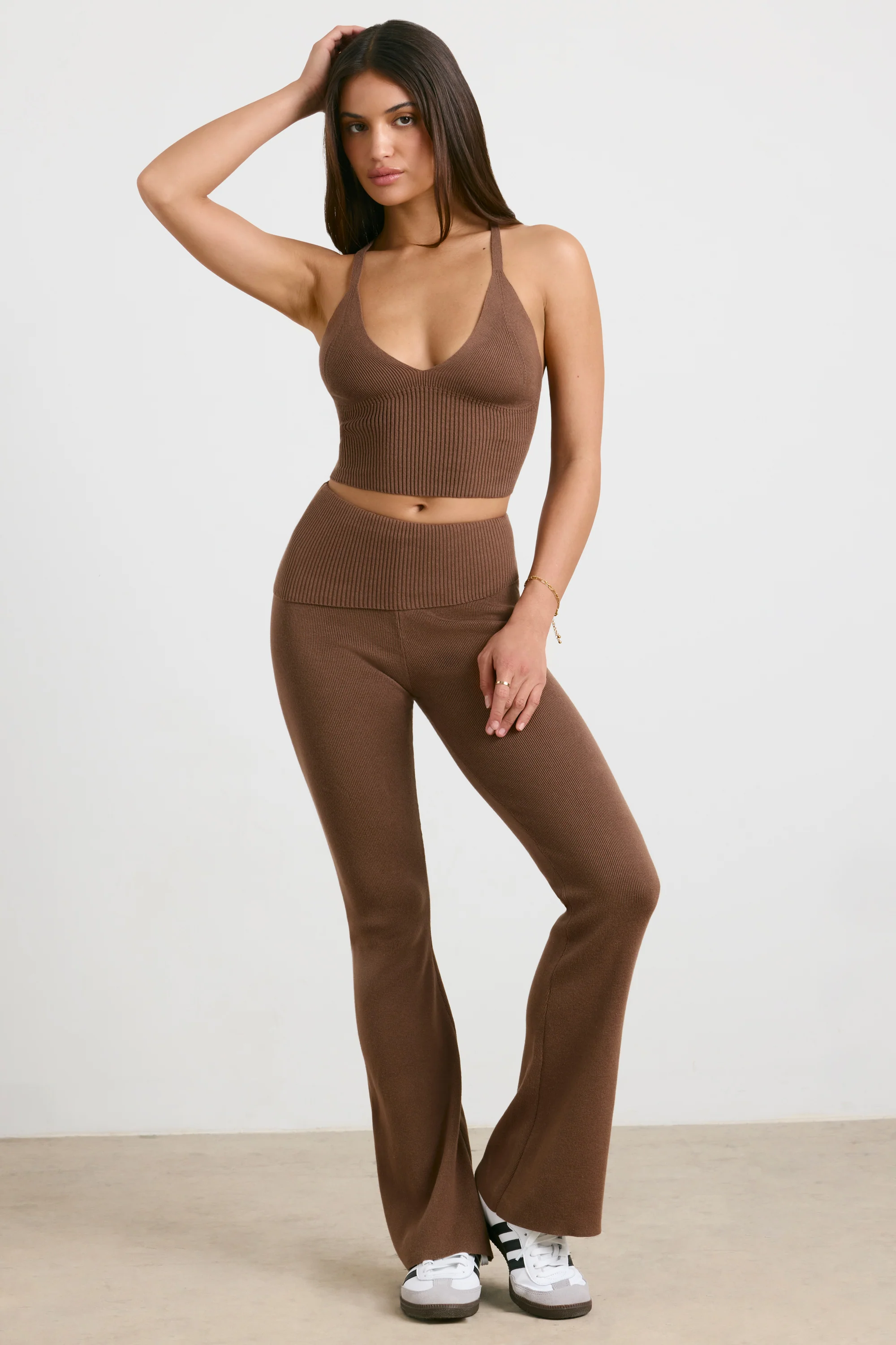 Muse - Chunky Knit Kick Flare Trousers in Espresso