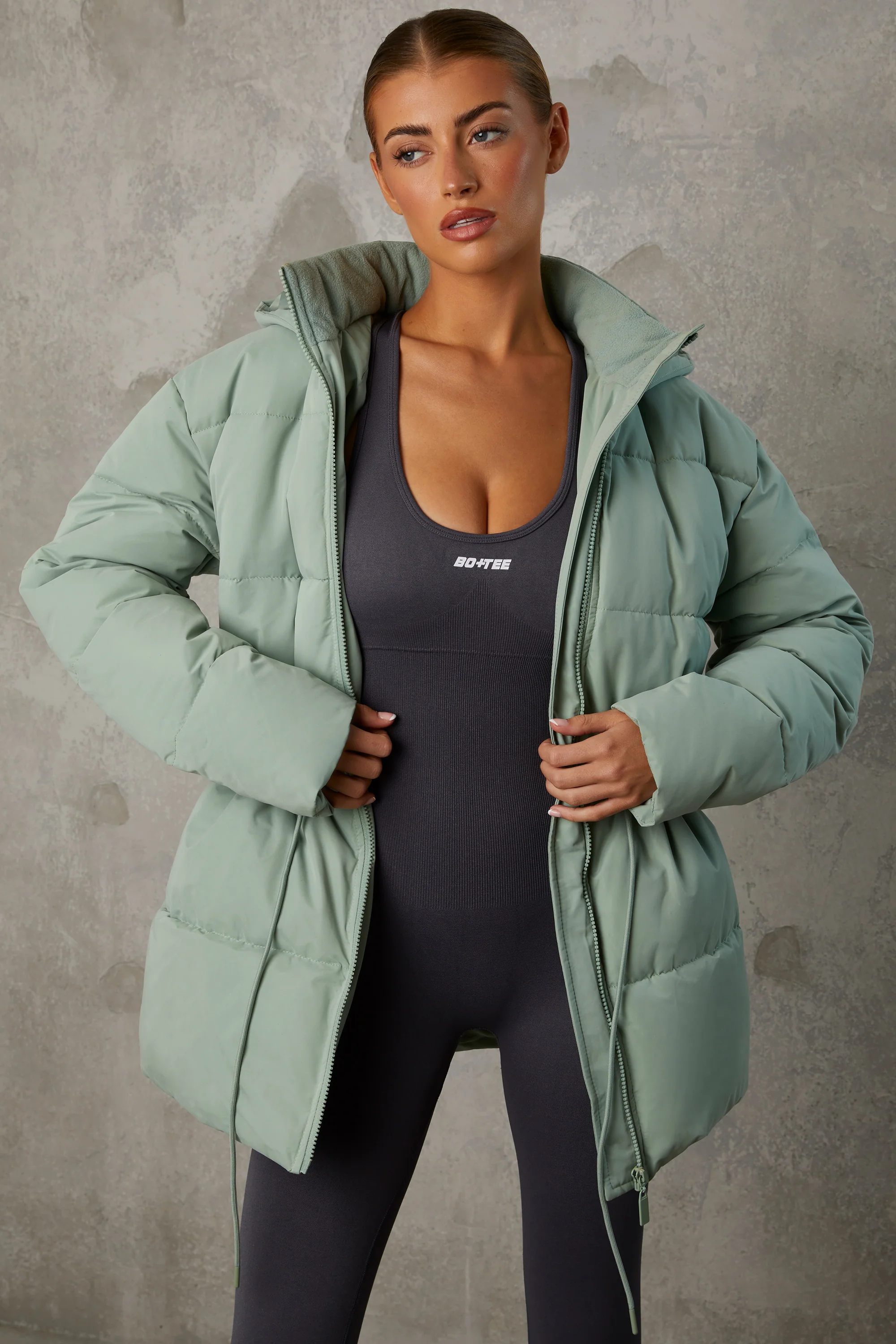 Snug - Mid Length Hooded Puffer Coat in Iceberg Green