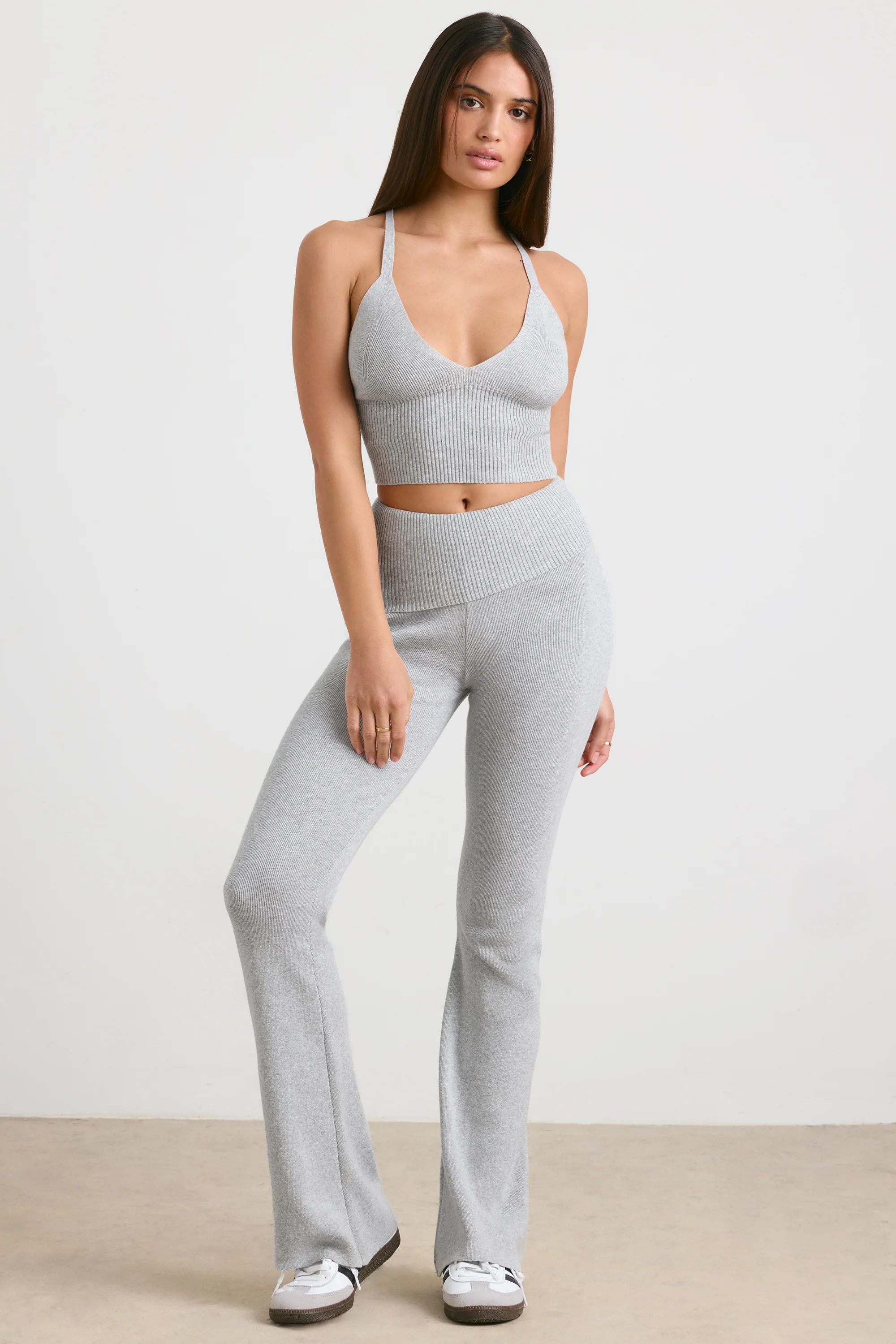 Muse - Chunky Knit Kick Flare Trousers in Heather Grey