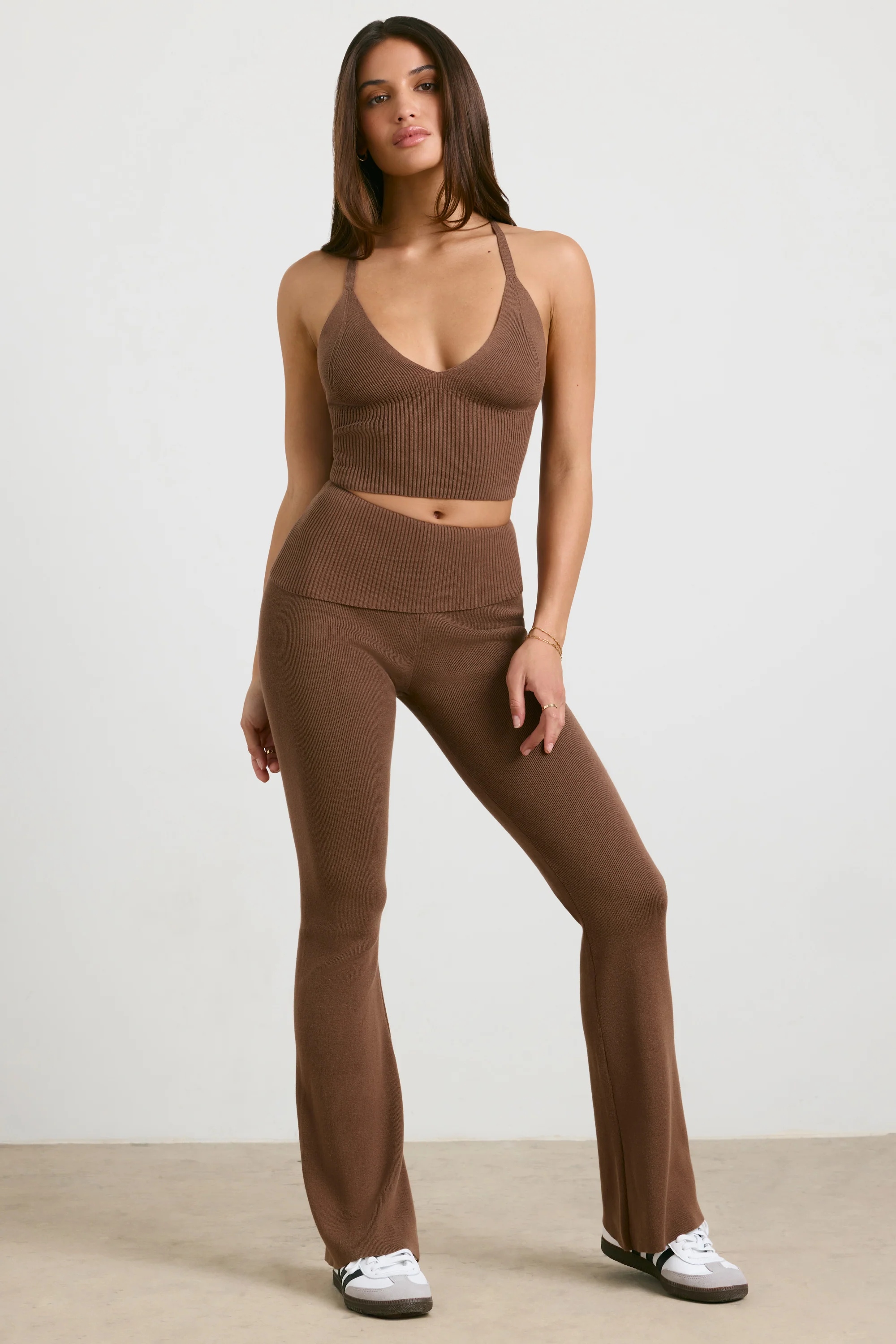 Muse - Chunky Knit Kick Flare Trousers in Espresso