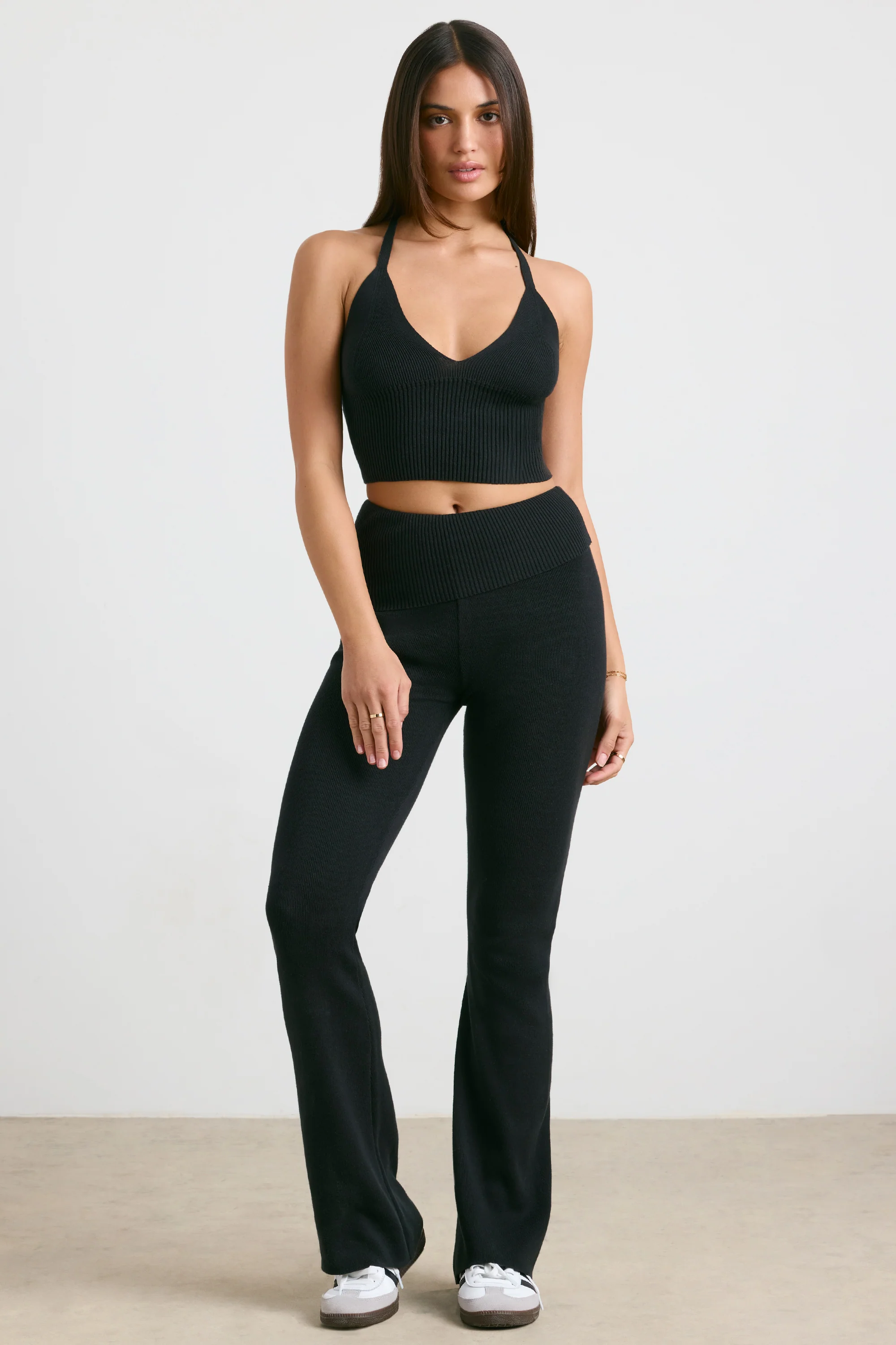 Muse - Chunky Knit Kick Flare Trousers in Black