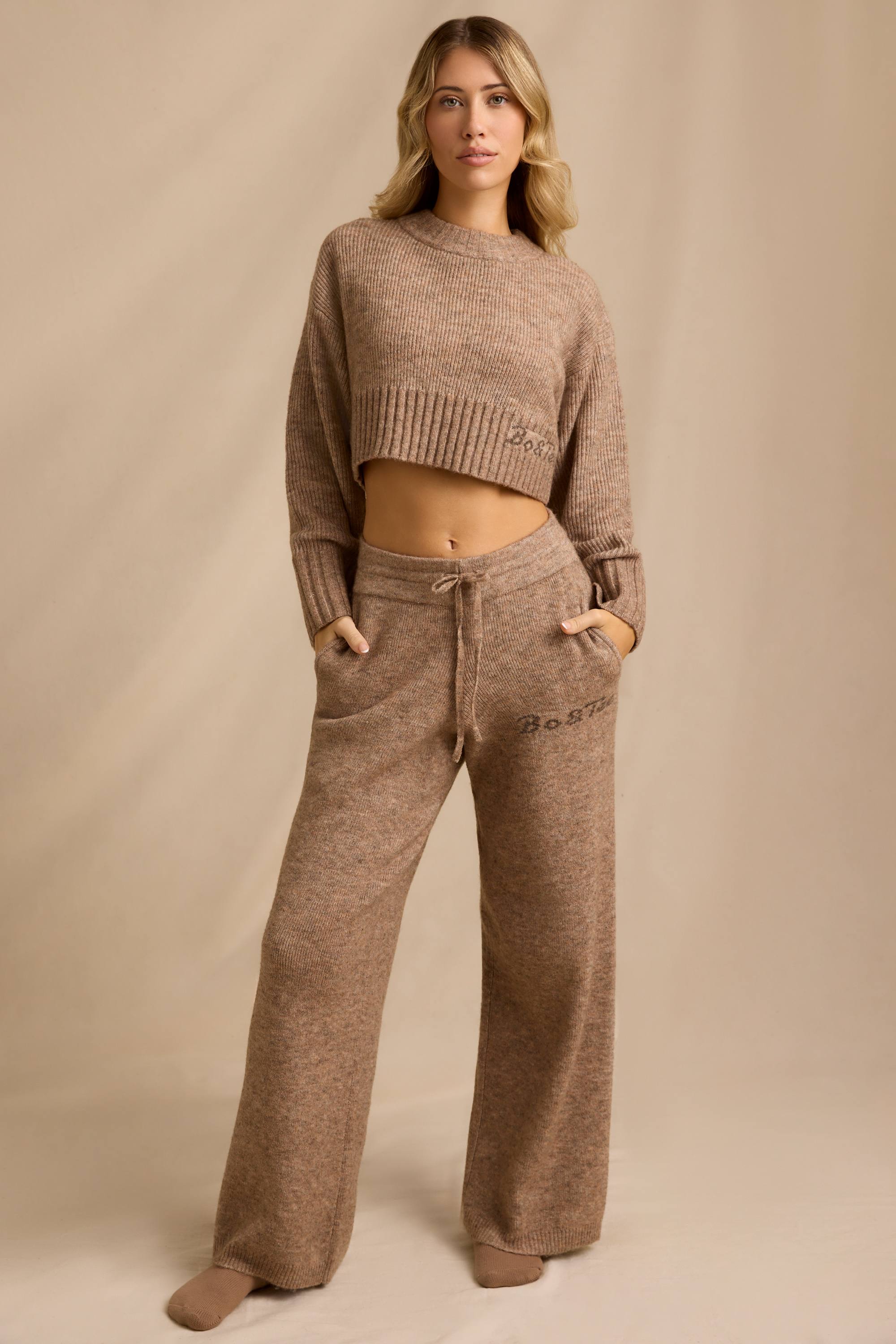 Petite Mid-Rise Wide-Leg Joggers in Brown Marl