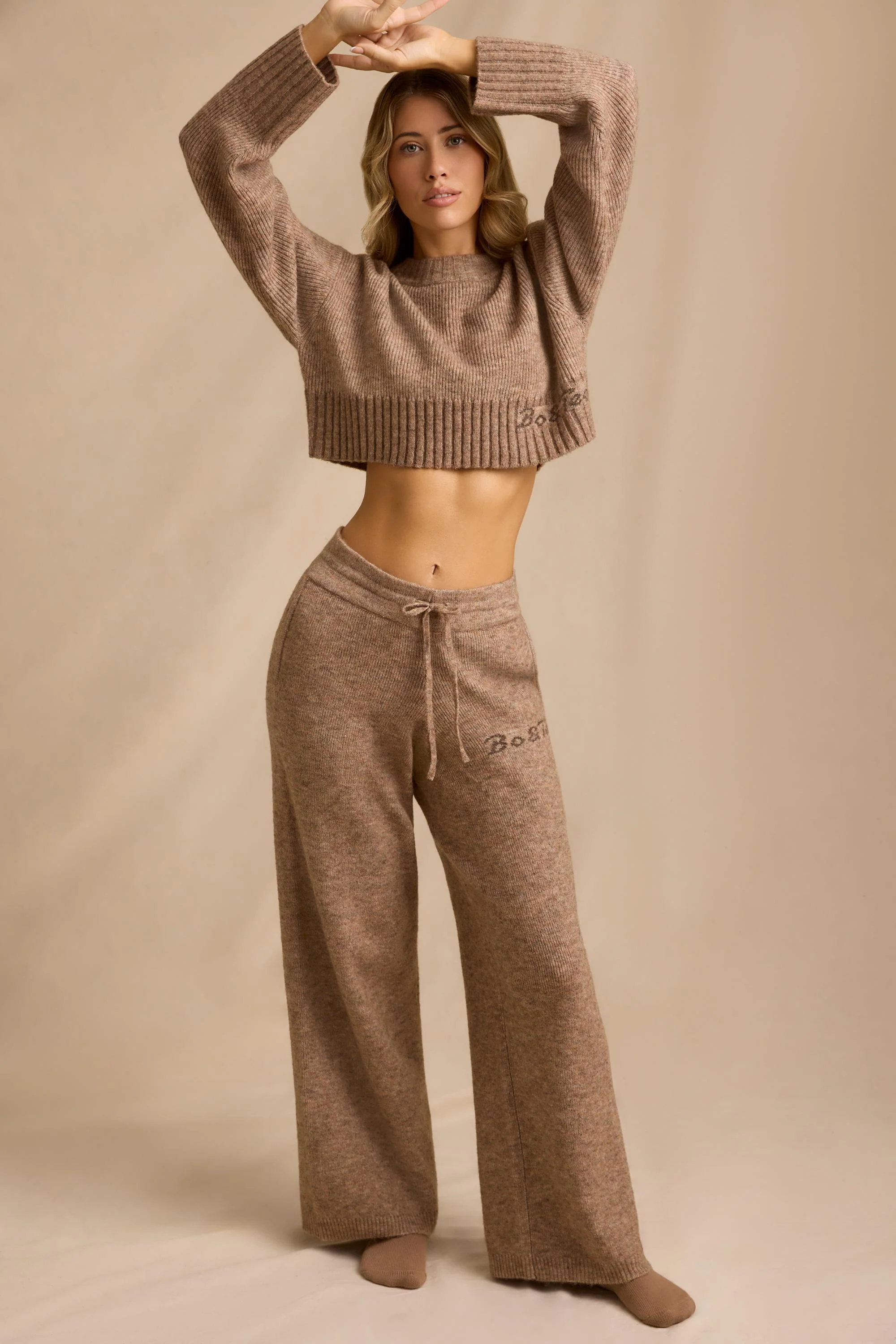 Petite Mid-Rise Wide-Leg Joggers in Brown Marl
