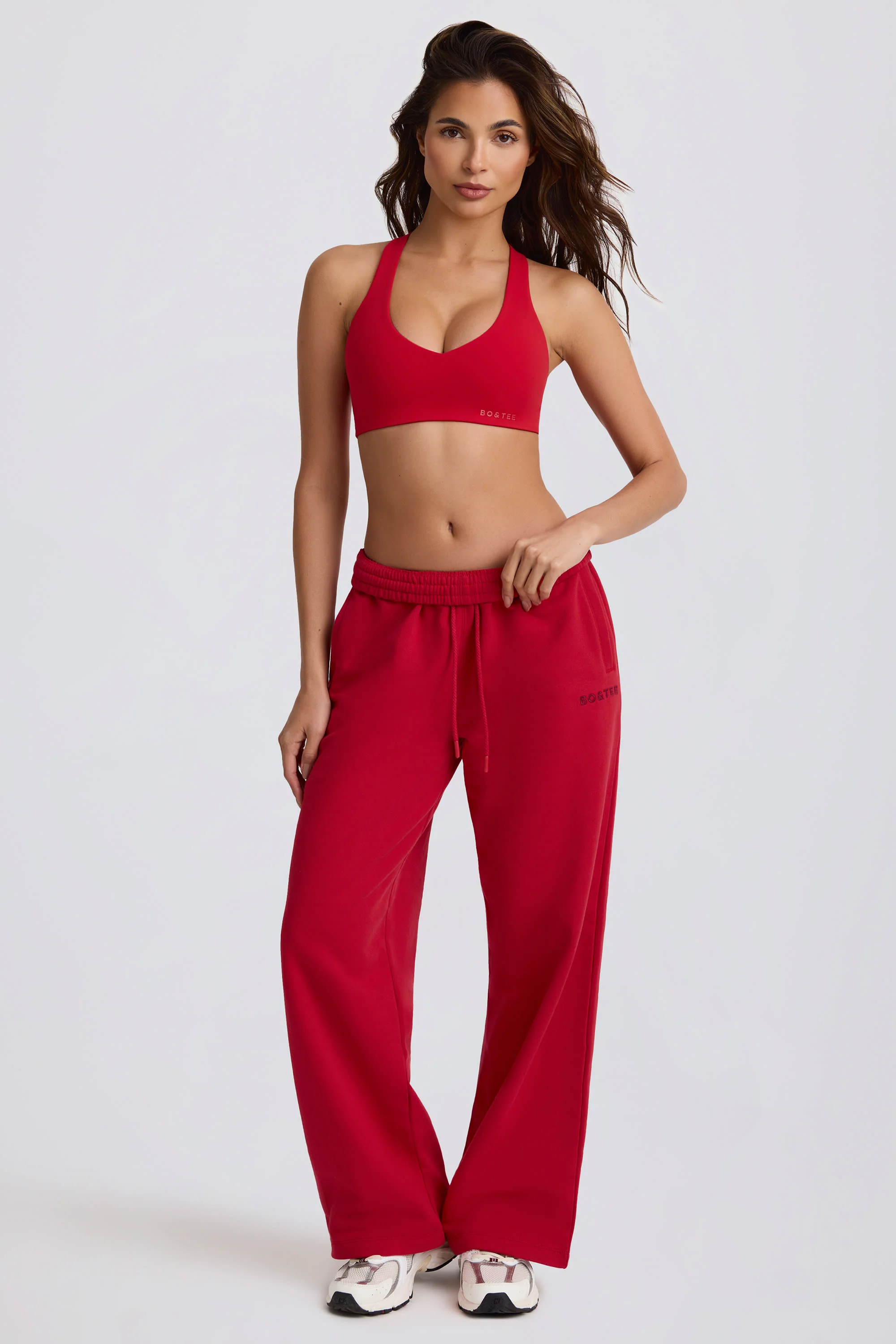 Mid-Rise Wide-Leg Joggers in Hot Red