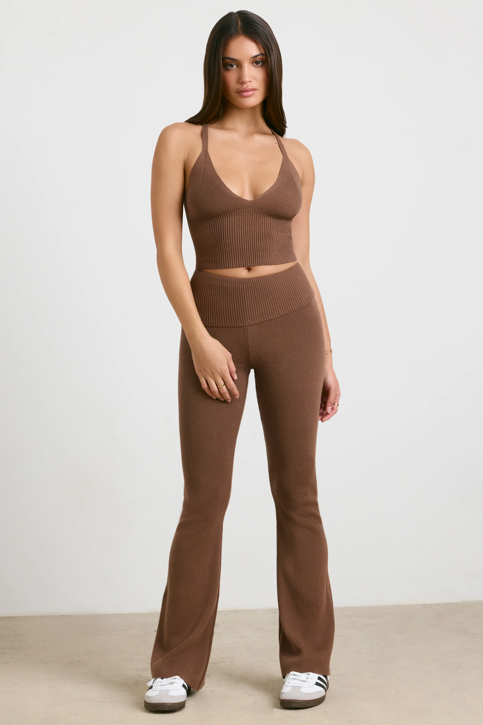 Muse - Chunky Knit Kick Flare Trousers in Espresso