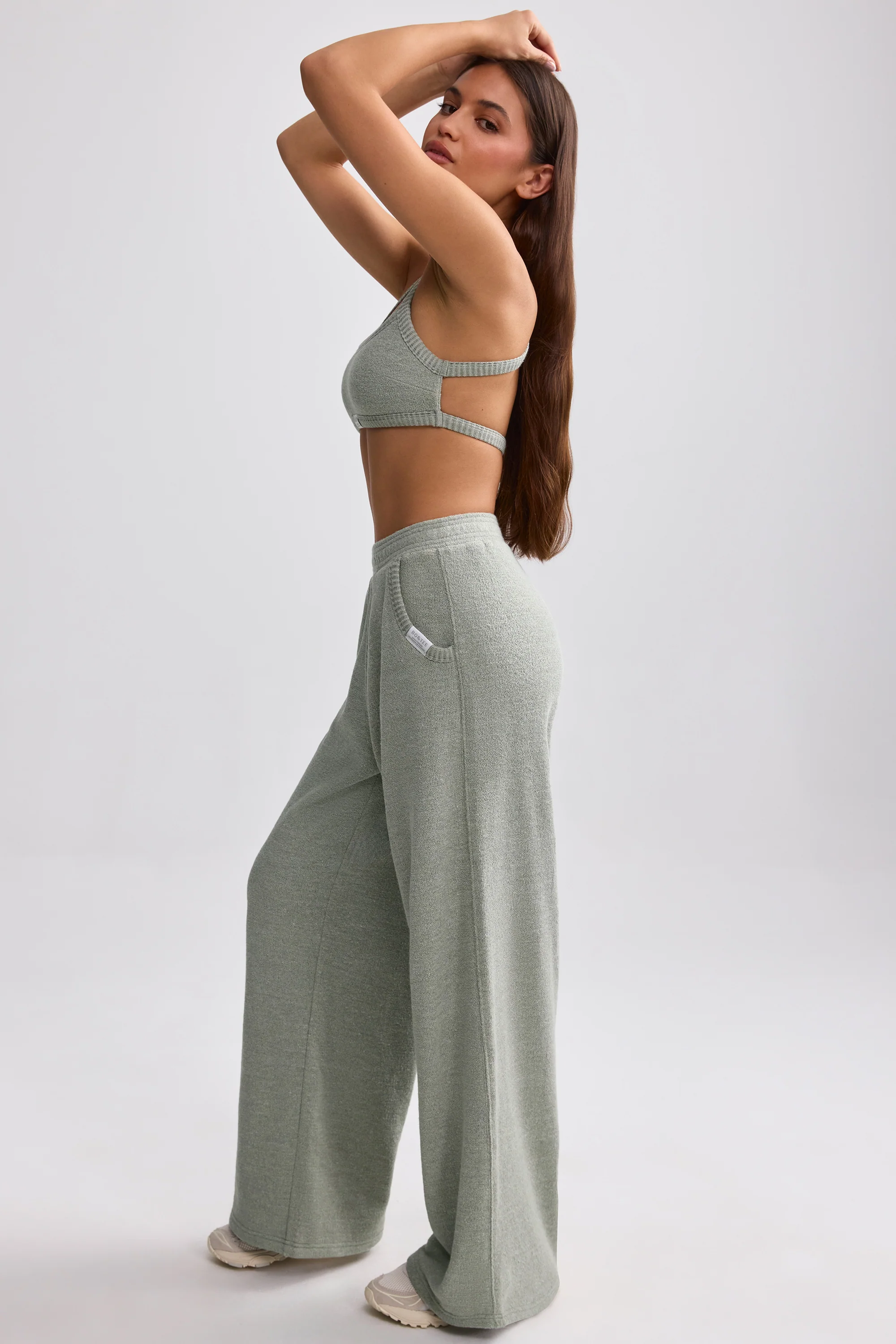 Petite Terry Towelling Wide-Leg Joggers in Sage Grey