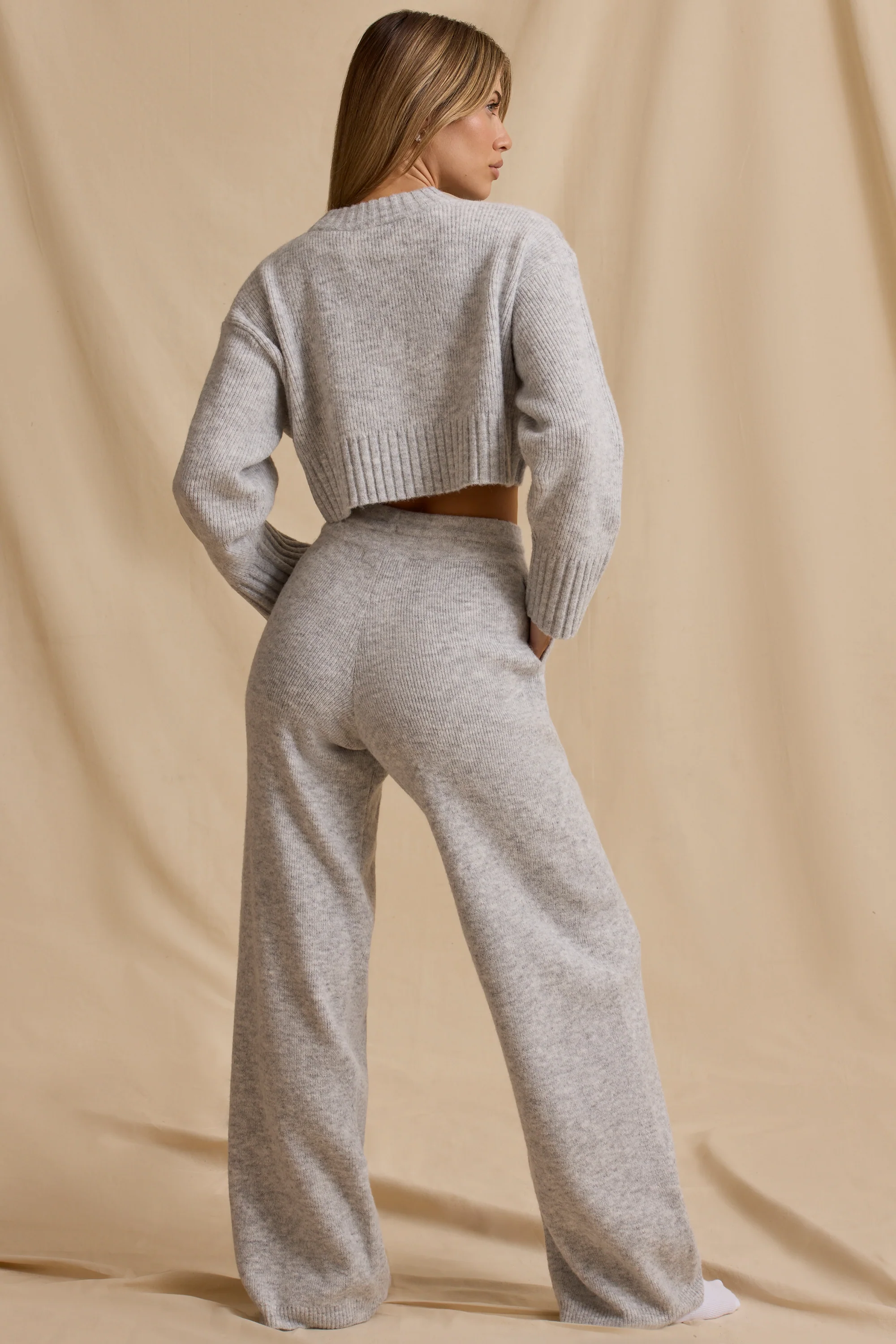 Petite Mid-Rise Wide-Leg Joggers in Ice Marl