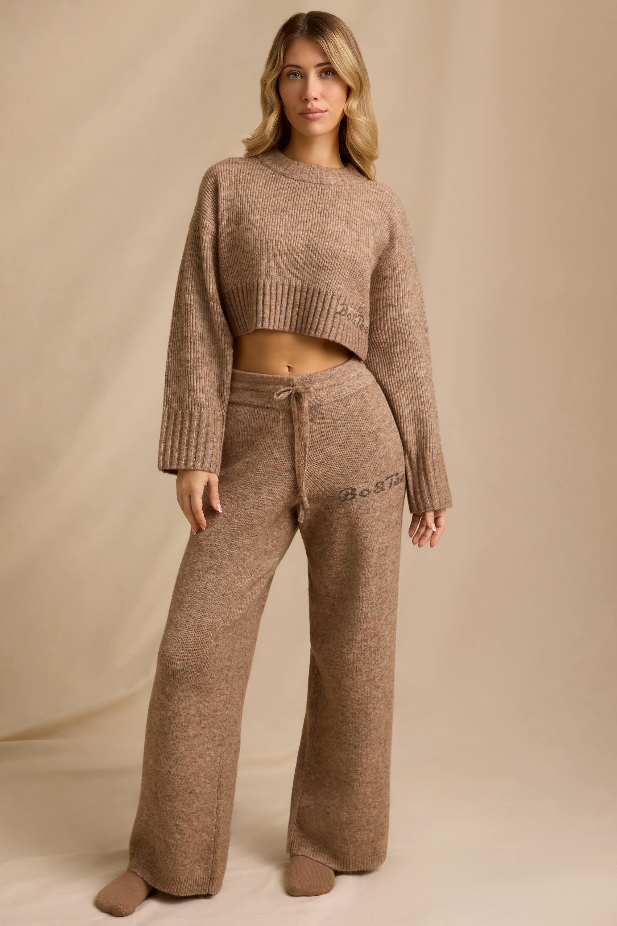 Petite Mid-Rise Wide-Leg Joggers in Brown Marl