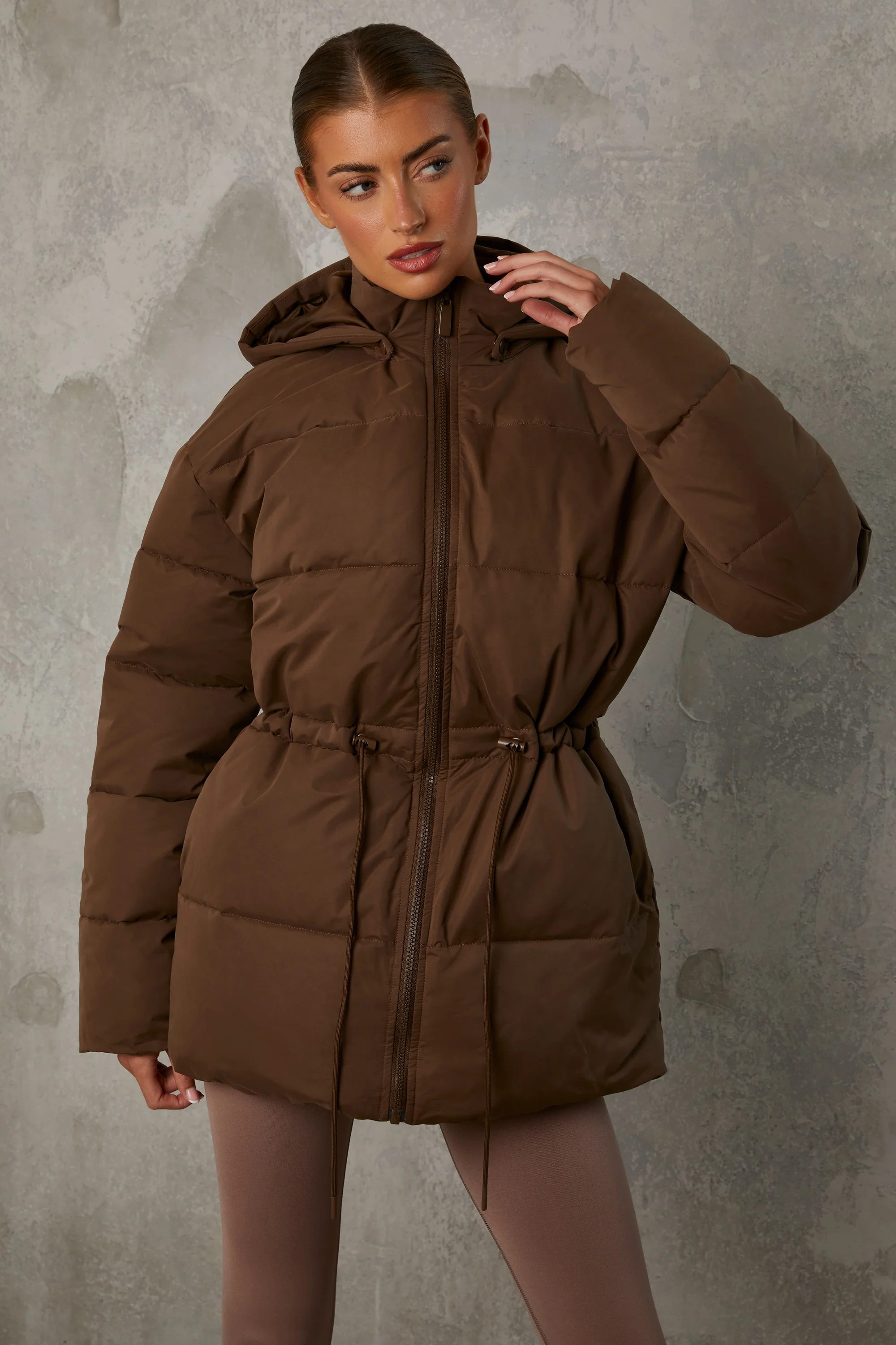 Snug - Mid Length Hooded Puffer Coat in Cocoa Brown