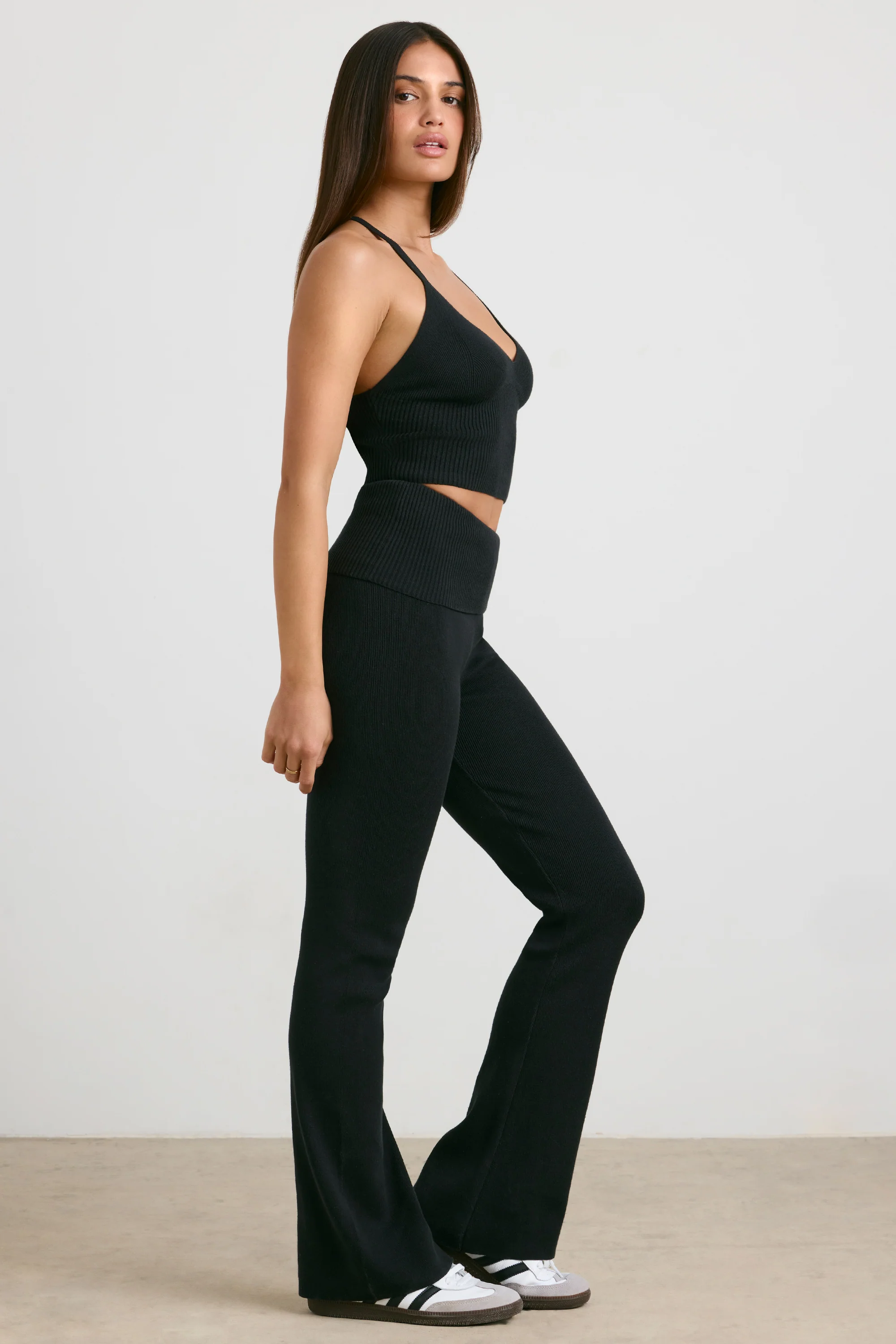 Muse - Chunky Knit Kick Flare Trousers in Black