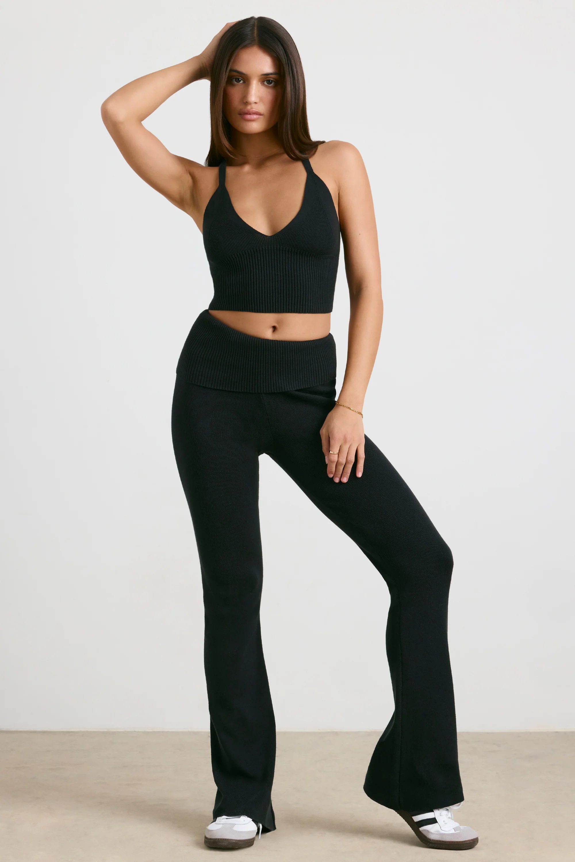 Muse - Chunky Knit Kick Flare Trousers in Black