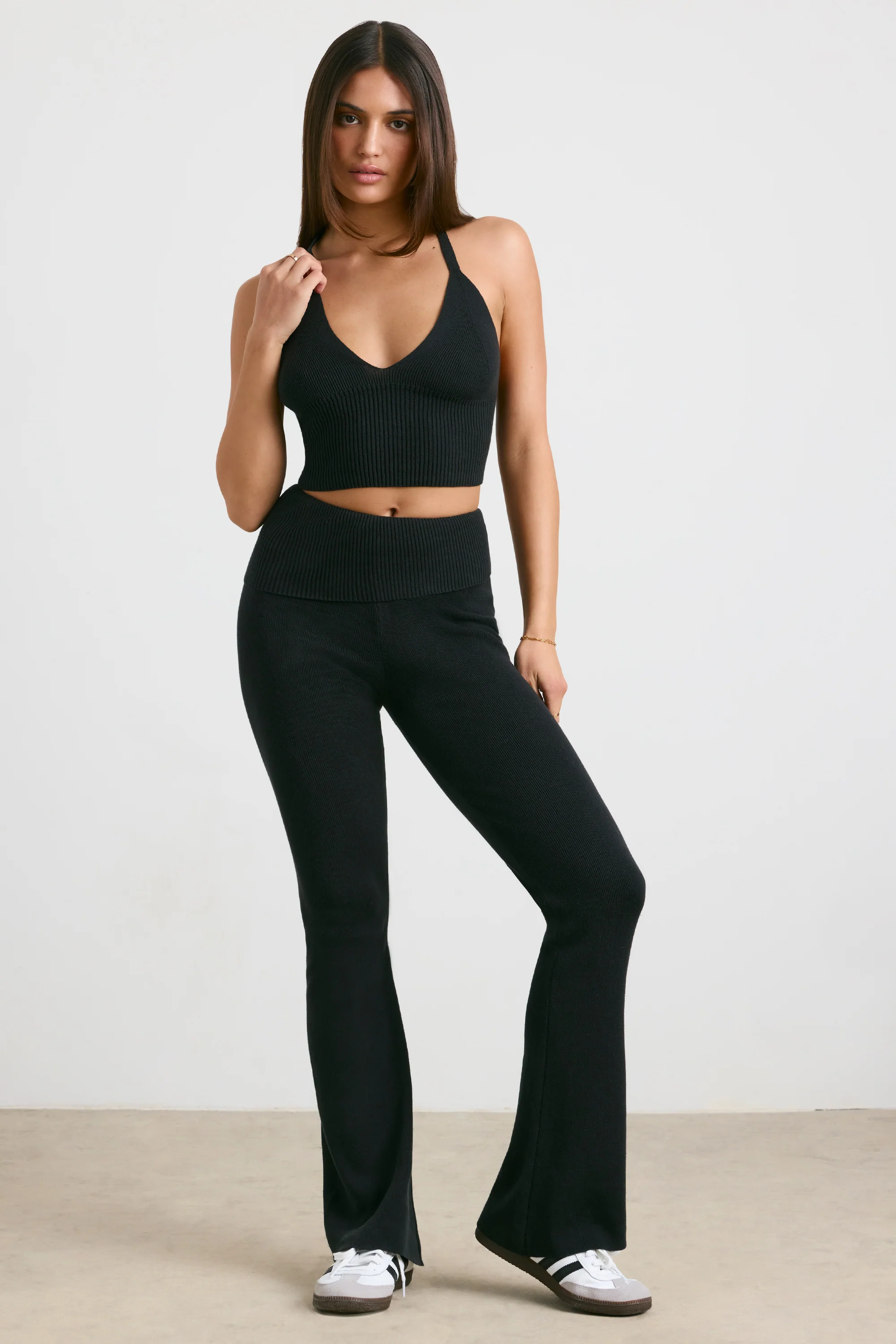 Muse - Chunky Knit Kick Flare Trousers in Black