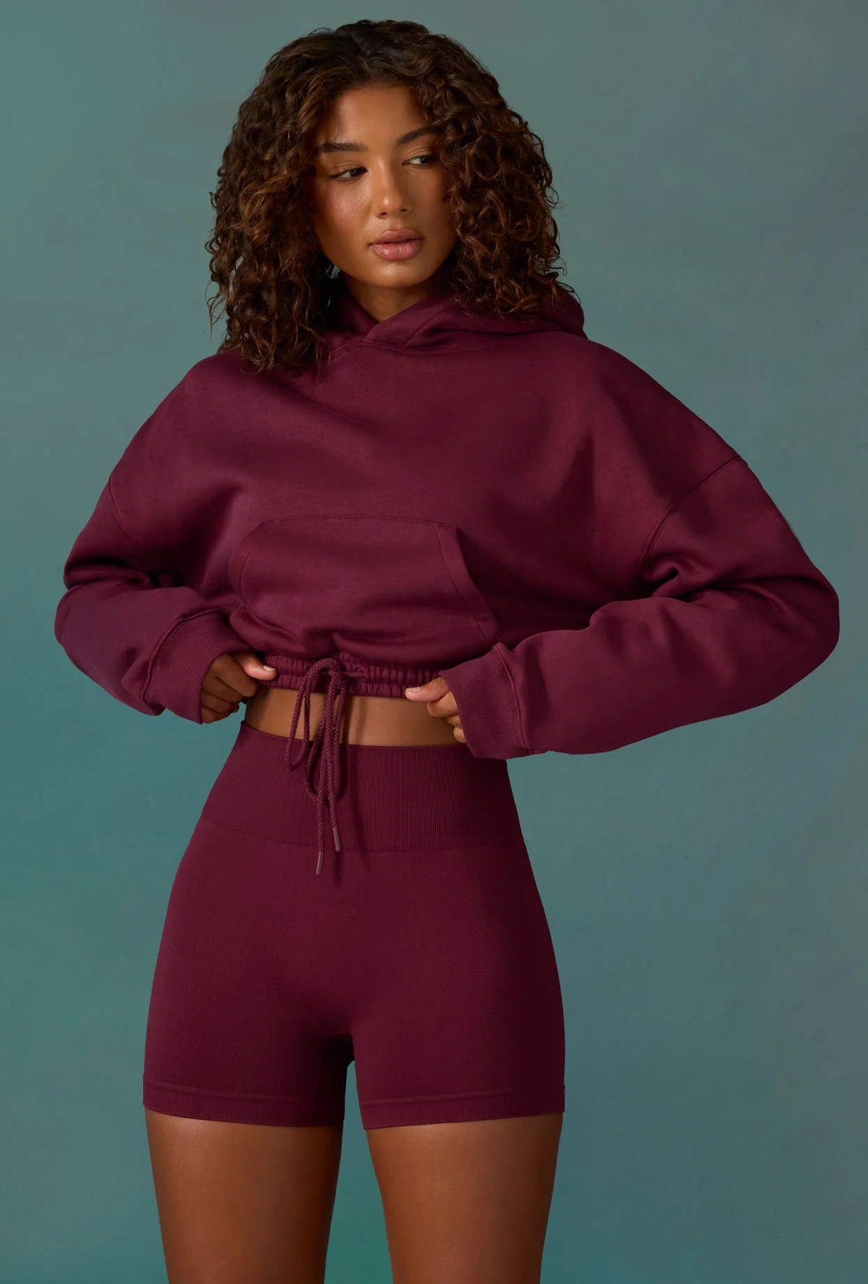 Progress - Cropped Drawstring Hooded Sweatshirt in Plum