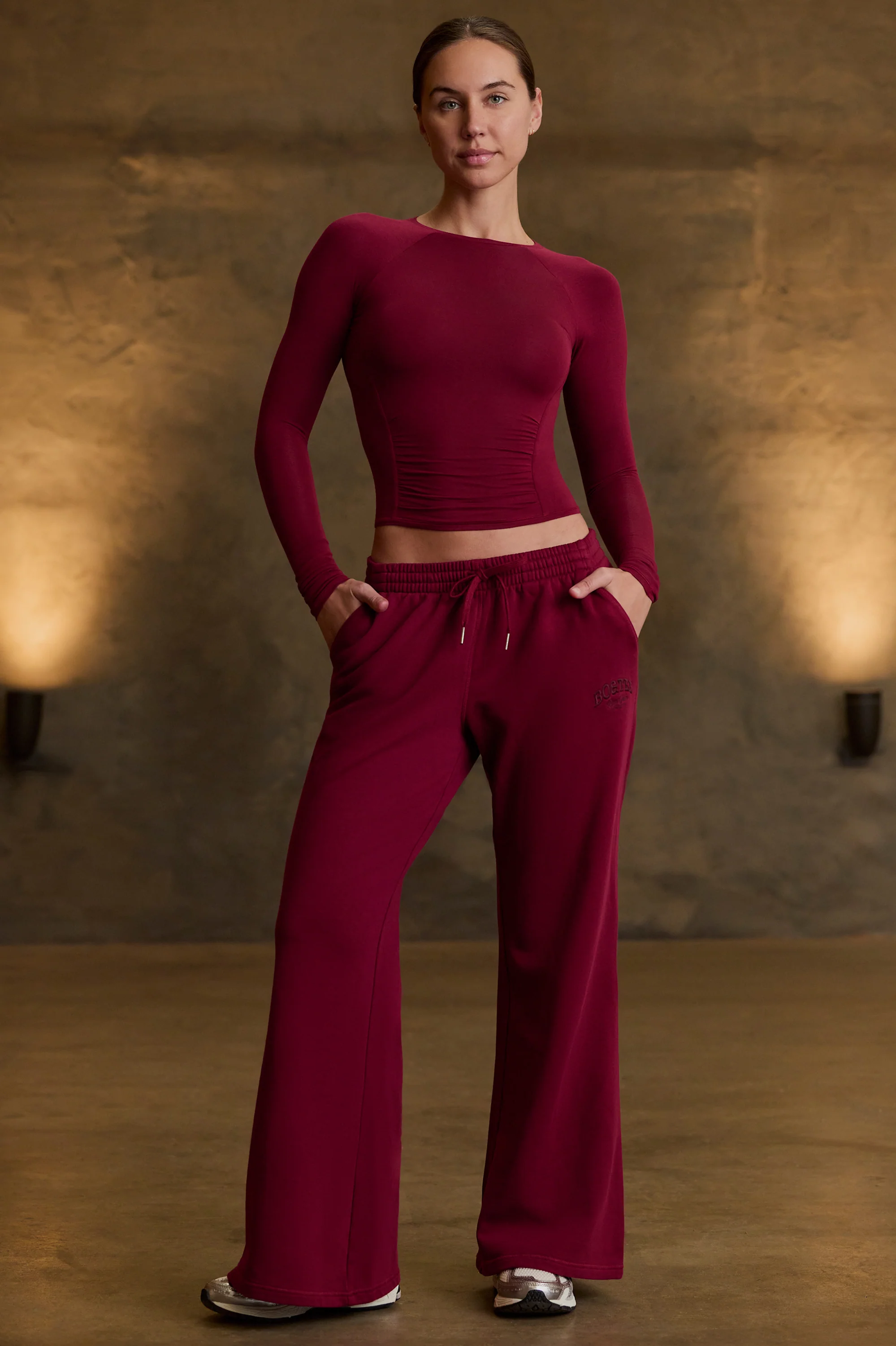 Petite Low-Rise Wide-Leg Joggers in Burgundy
