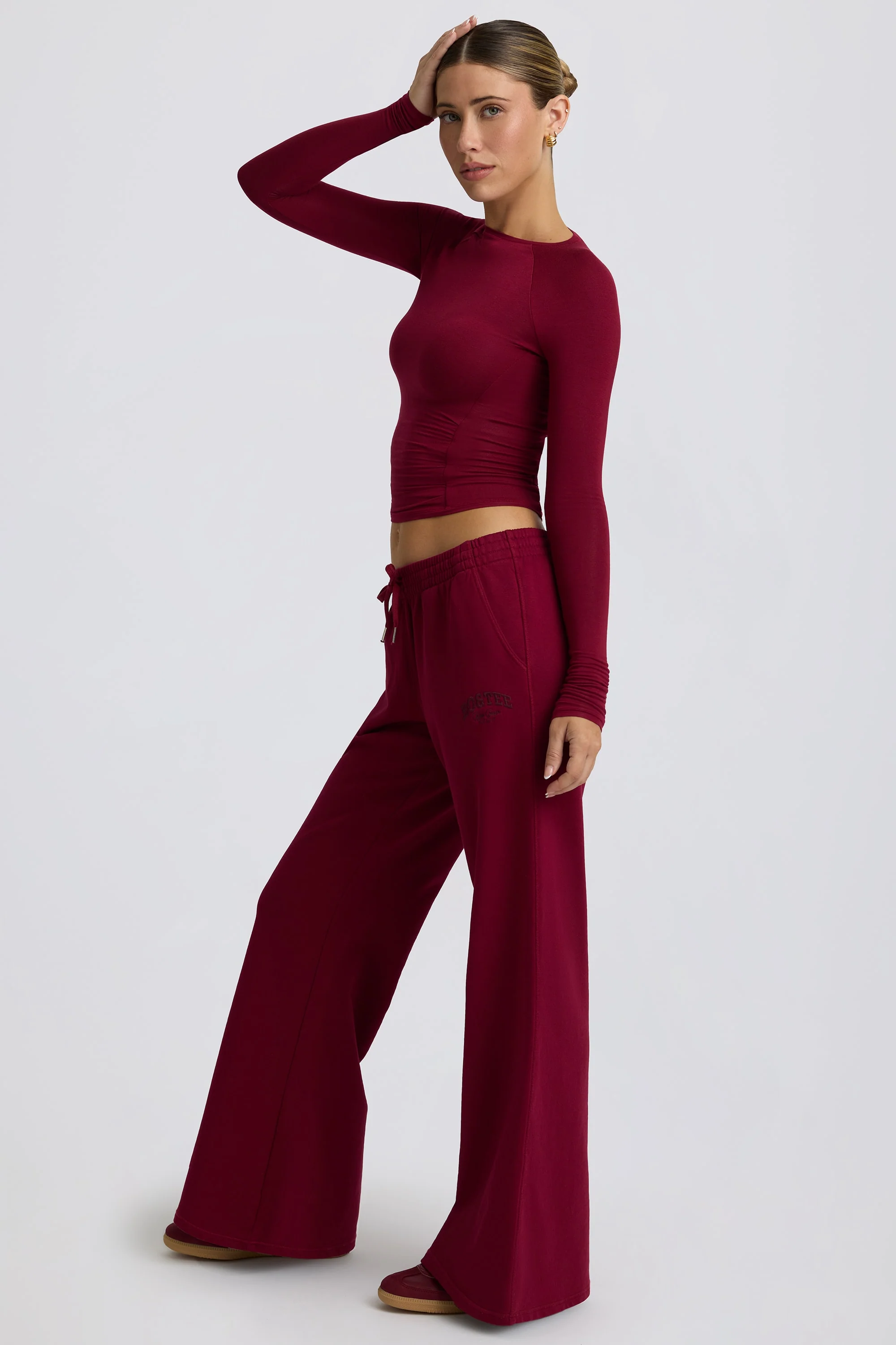 Petite Low-Rise Wide-Leg Joggers in Burgundy