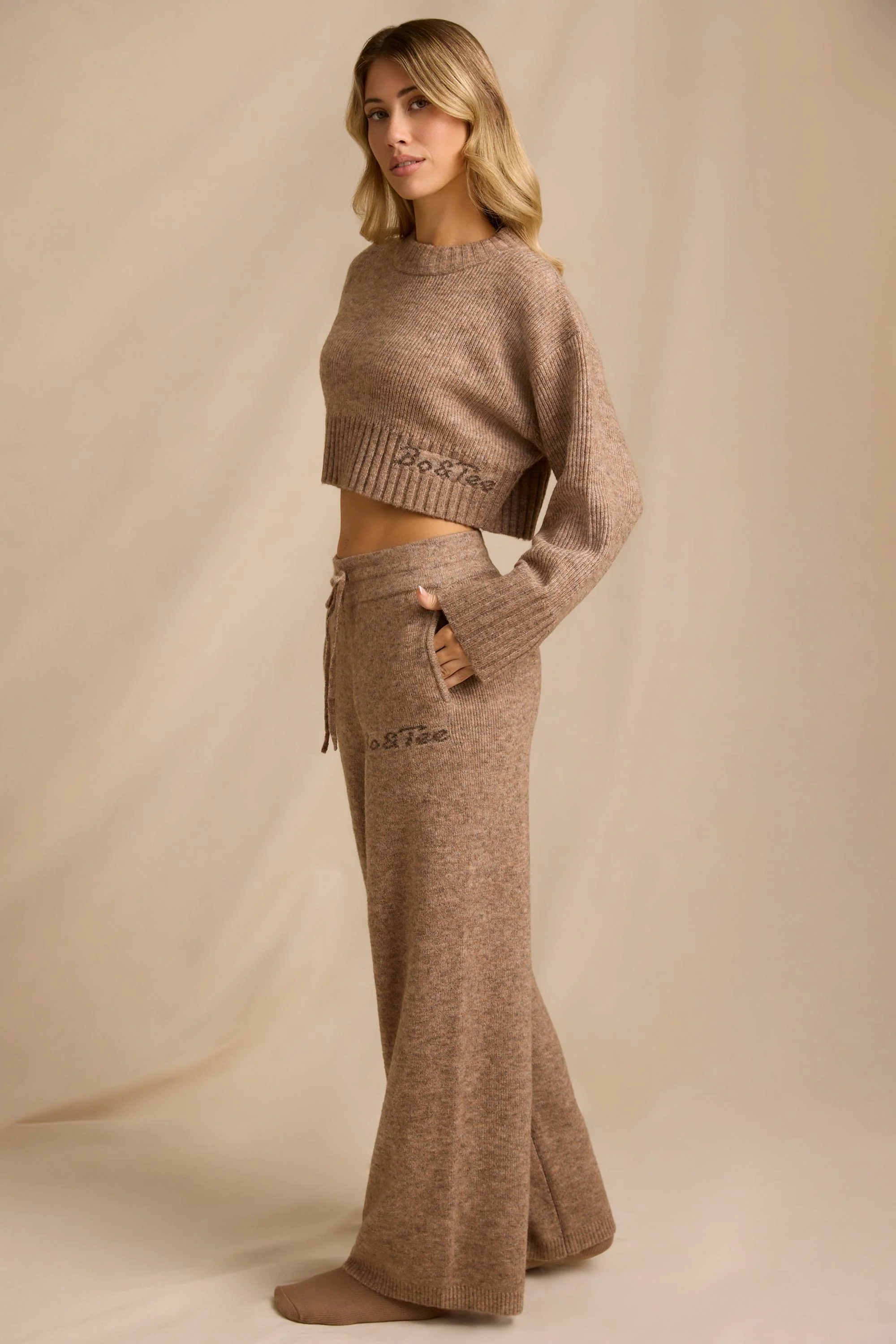 Petite Mid-Rise Wide-Leg Joggers in Brown Marl