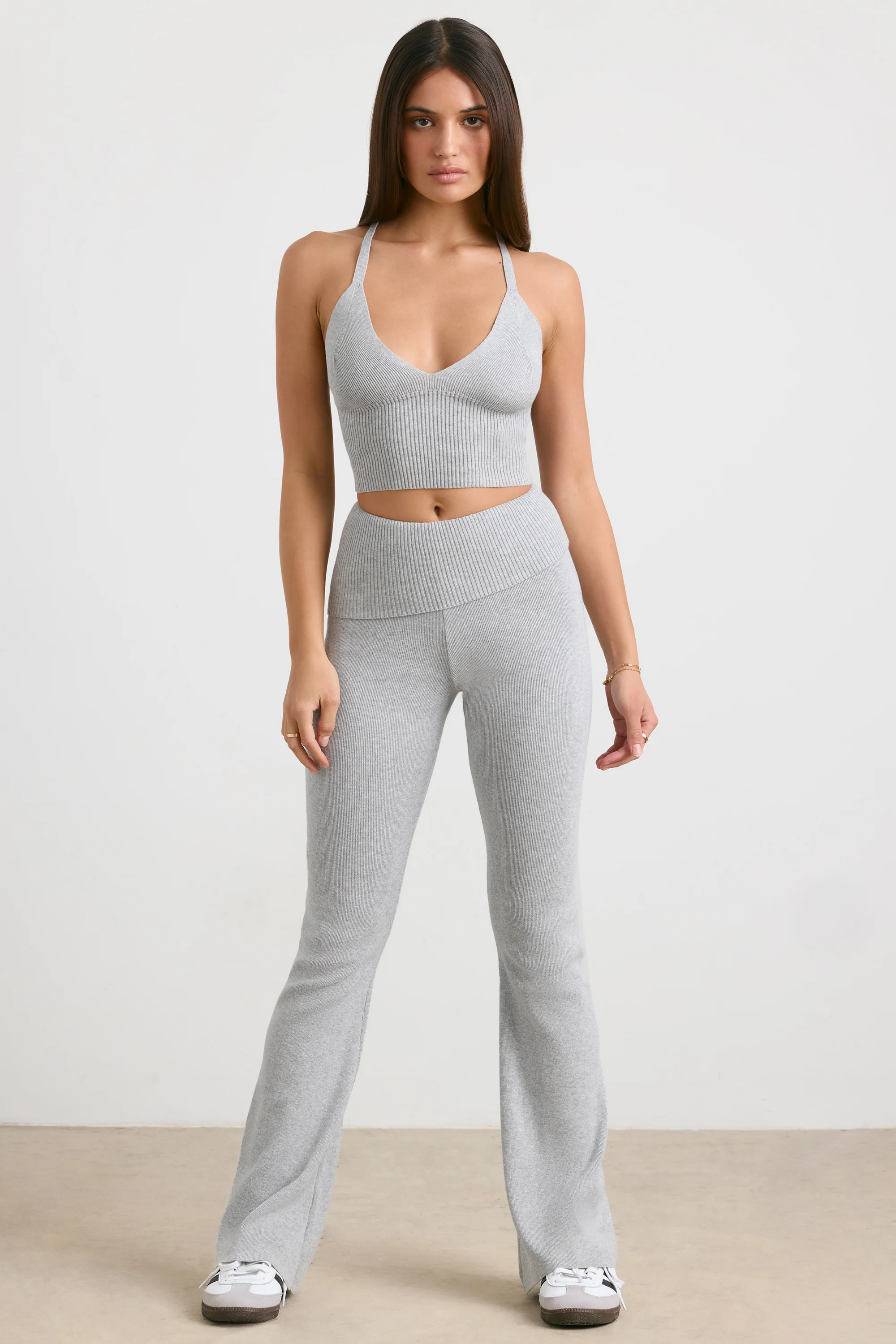 Muse - Chunky Knit Kick Flare Trousers in Heather Grey