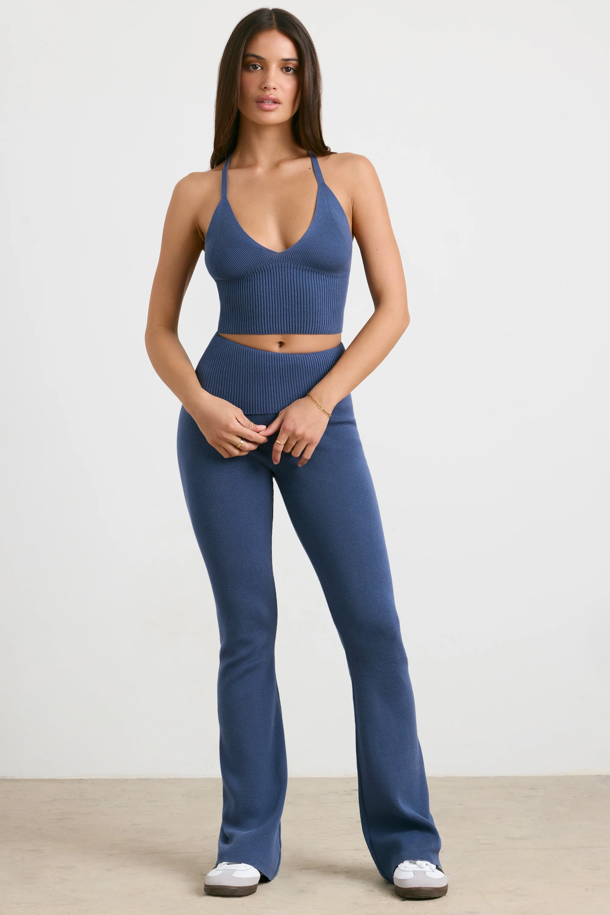 Muse - Petite Chunky Knit Kick Flare Trousers in Washed Navy