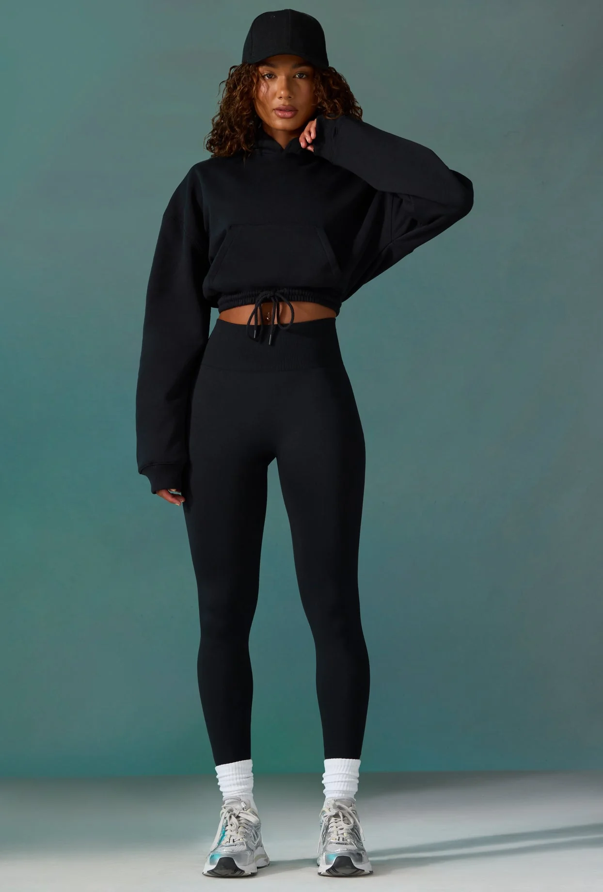 Progress - Cropped Drawstring Hooded Sweatshirt in Black