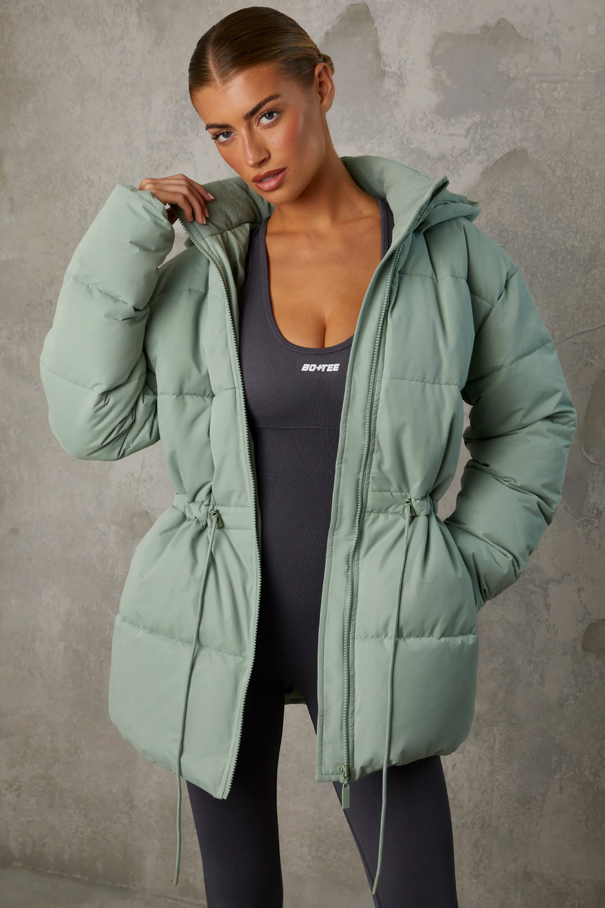 Snug - Mid Length Hooded Puffer Coat in Iceberg Green