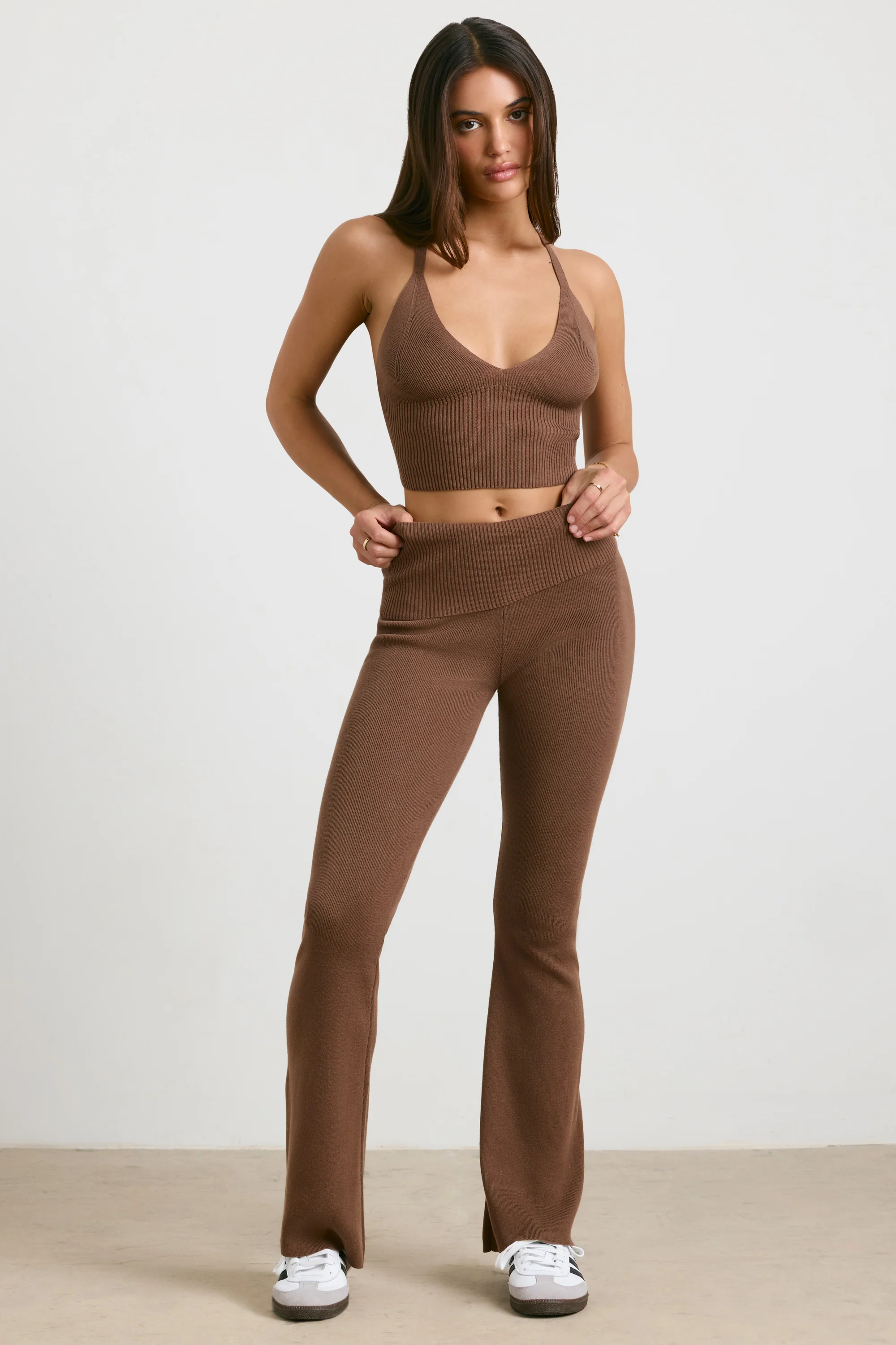 Muse - Chunky Knit Kick Flare Trousers in Espresso