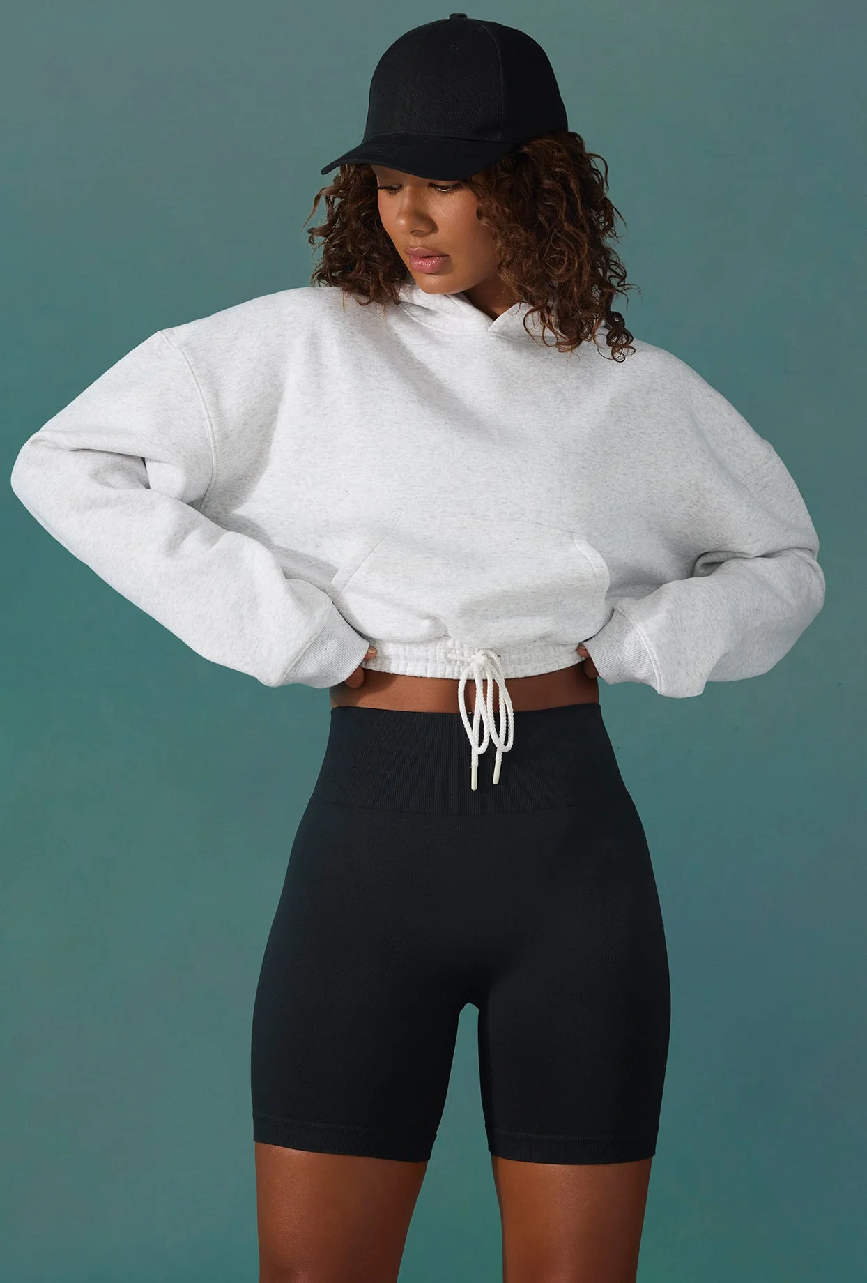 Progress - Cropped Drawstring Hooded Sweatshirt in Ice Grey