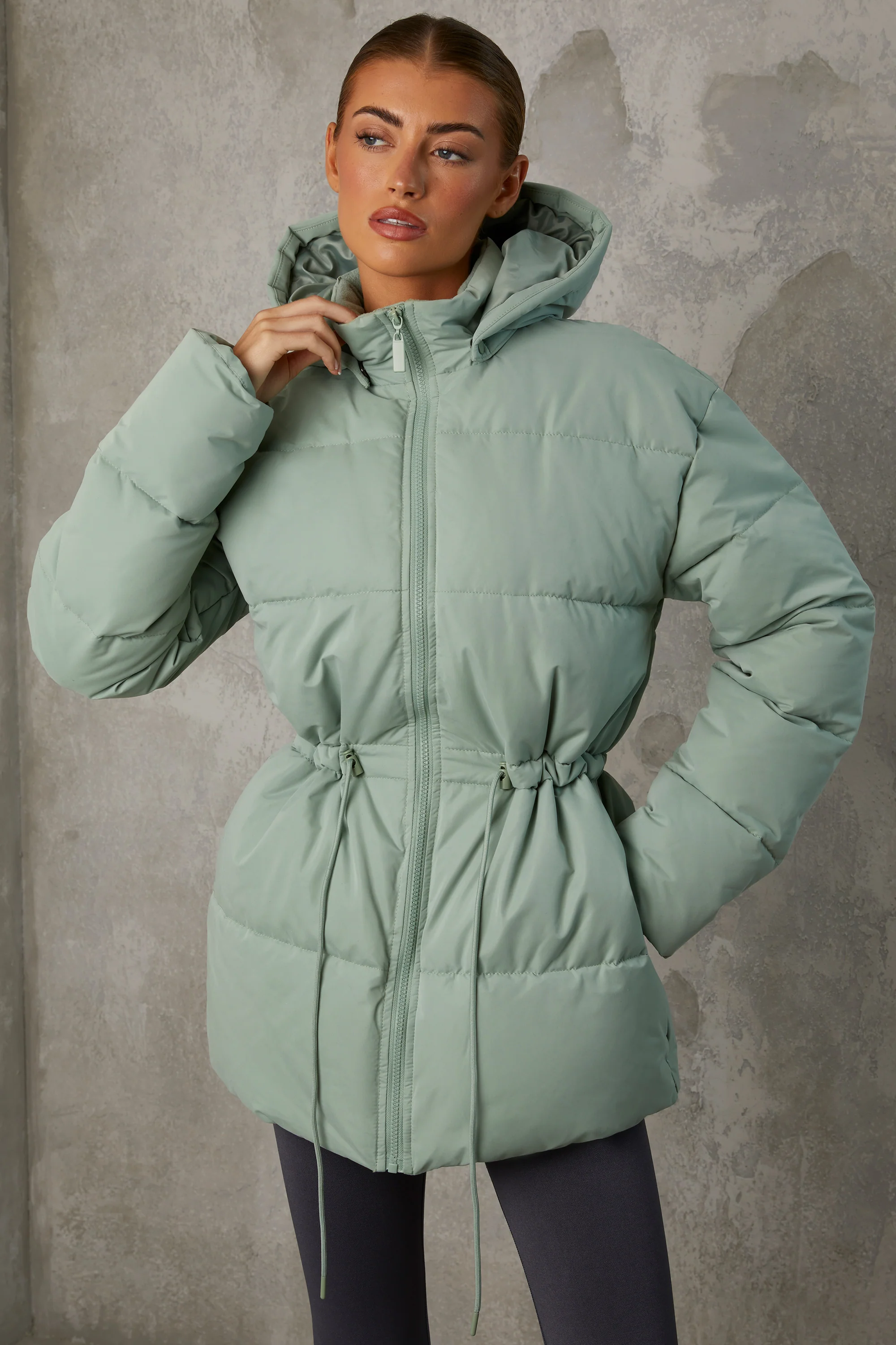 Snug - Mid Length Hooded Puffer Coat in Iceberg Green