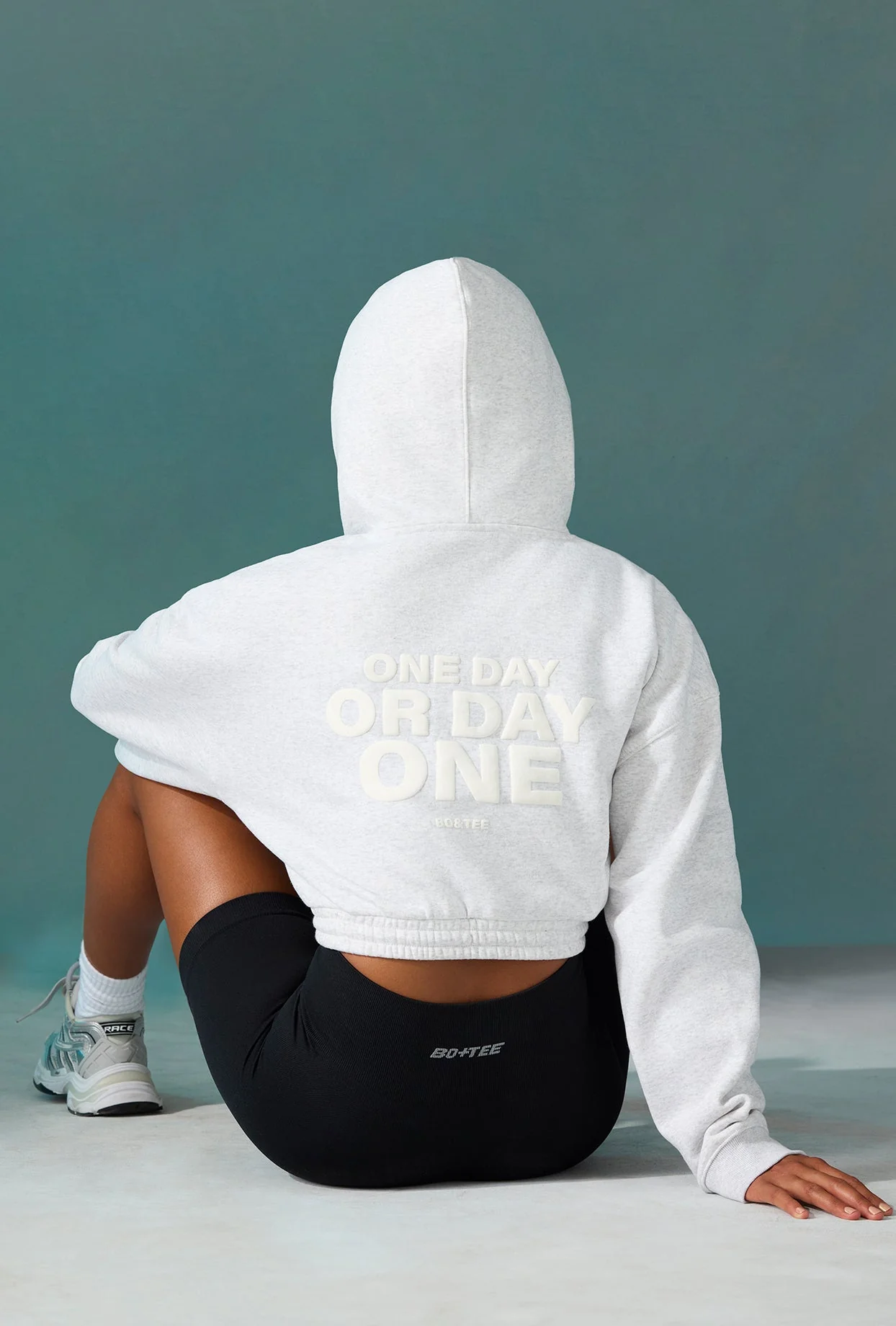 Progress - Cropped Drawstring Hooded Sweatshirt in Ice Grey