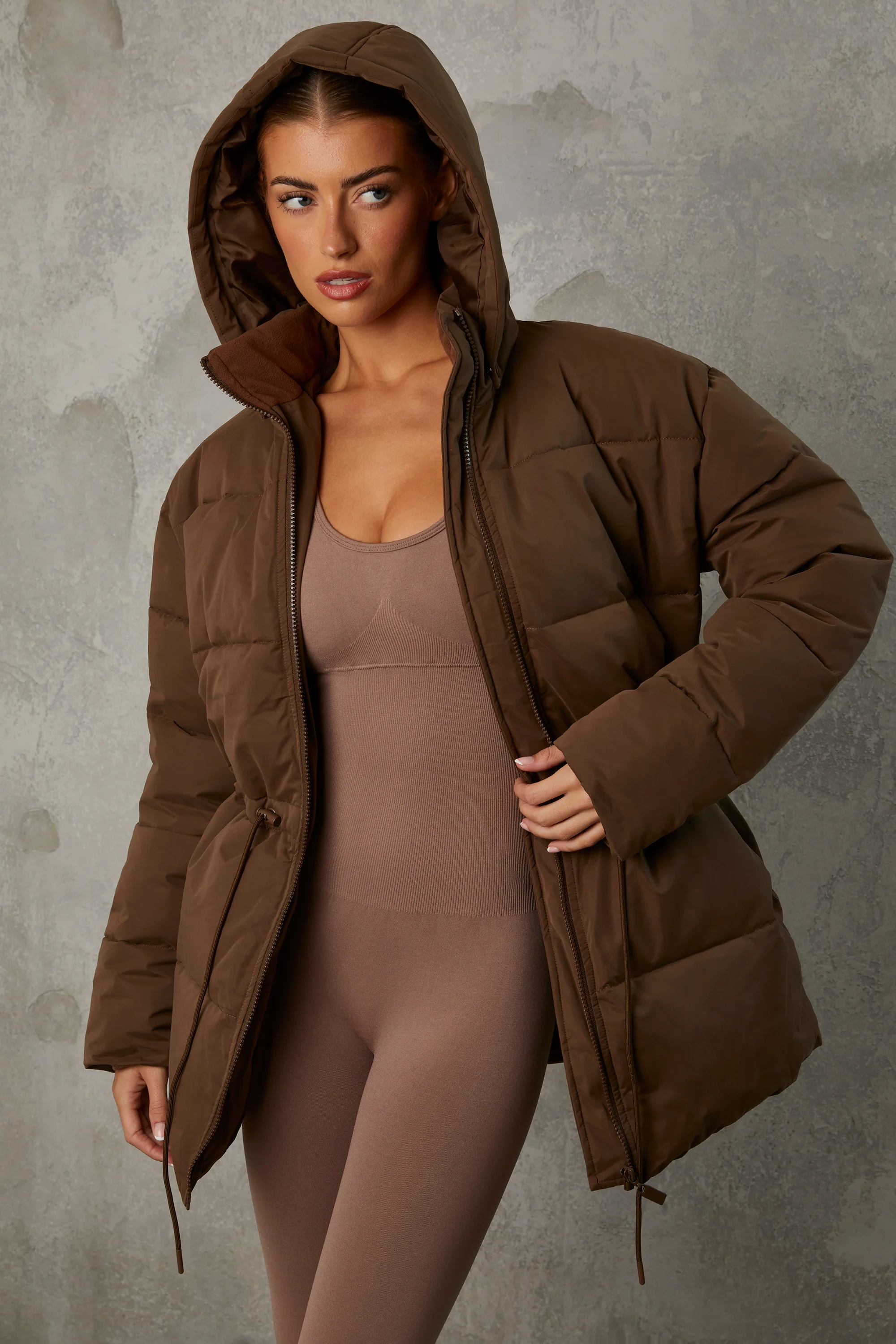 Snug - Mid Length Hooded Puffer Coat in Cocoa Brown