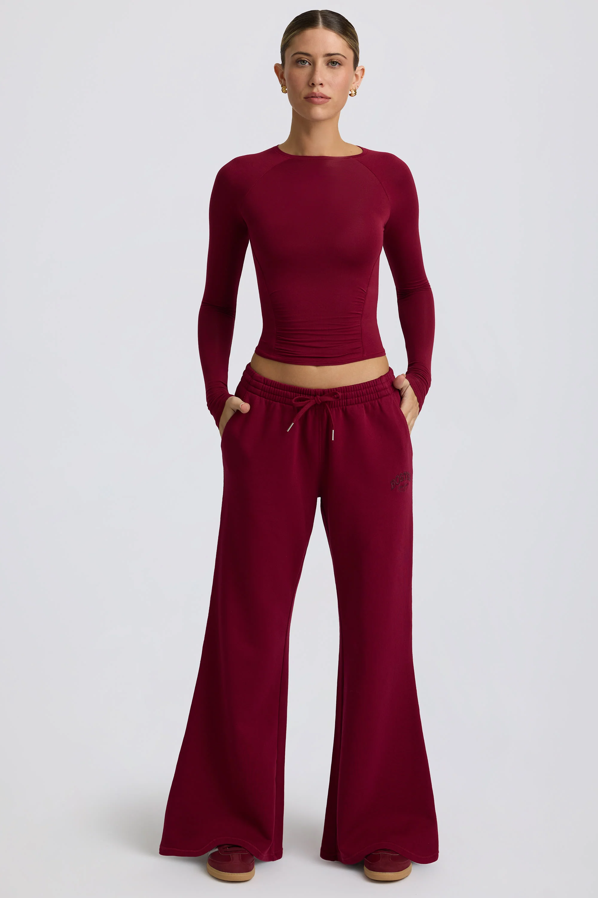 Petite Low-Rise Wide-Leg Joggers in Burgundy