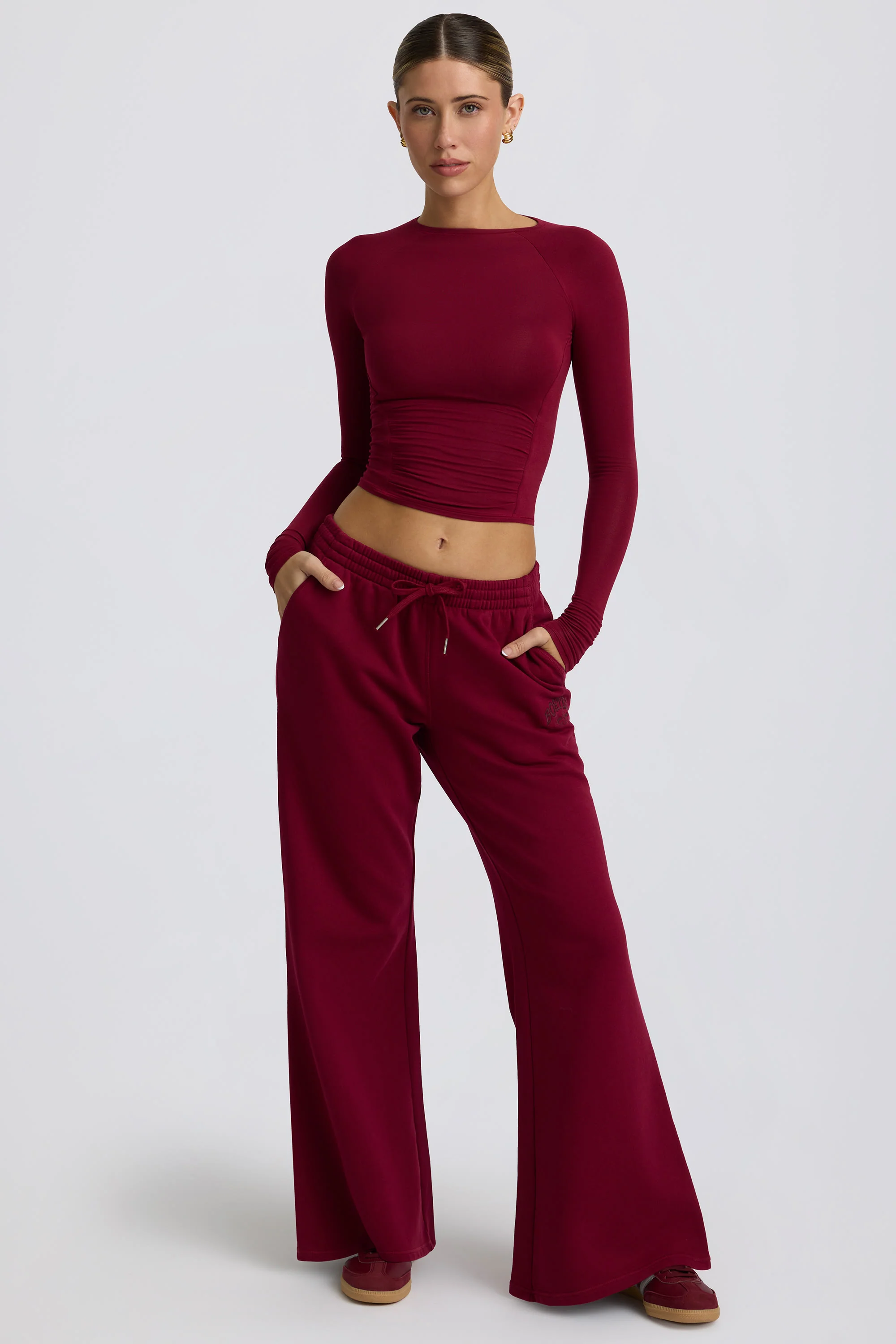 Petite Low-Rise Wide-Leg Joggers in Burgundy