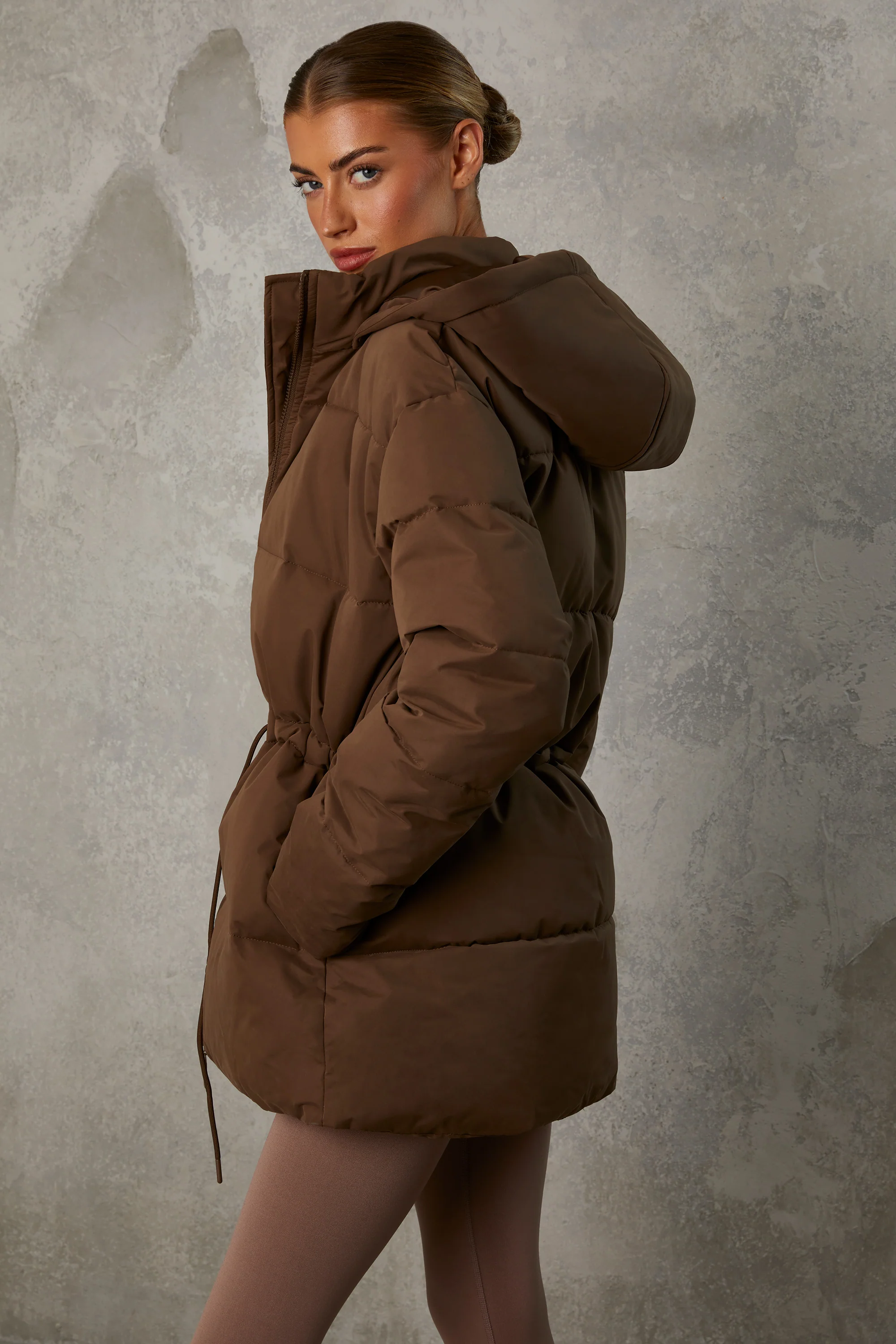 Snug - Mid Length Hooded Puffer Coat in Cocoa Brown