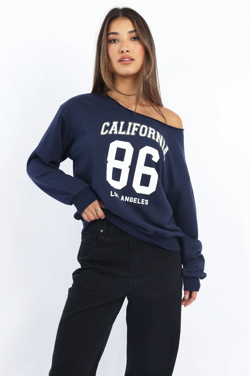 Blue Off Shoulder Sweater Long Sleeve